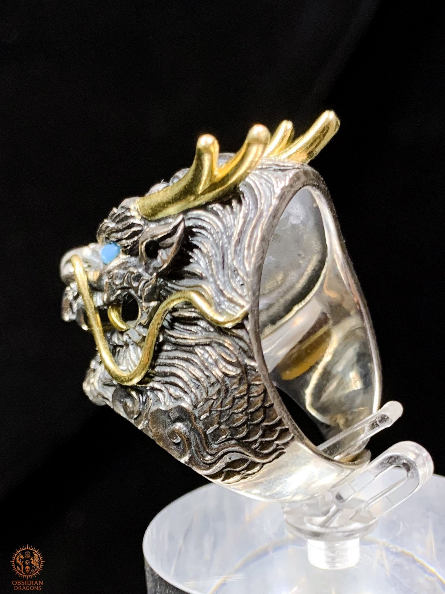 Bague Dragon Chinois – Argent 925 et Turquoises - feng shui - obsidian dragons