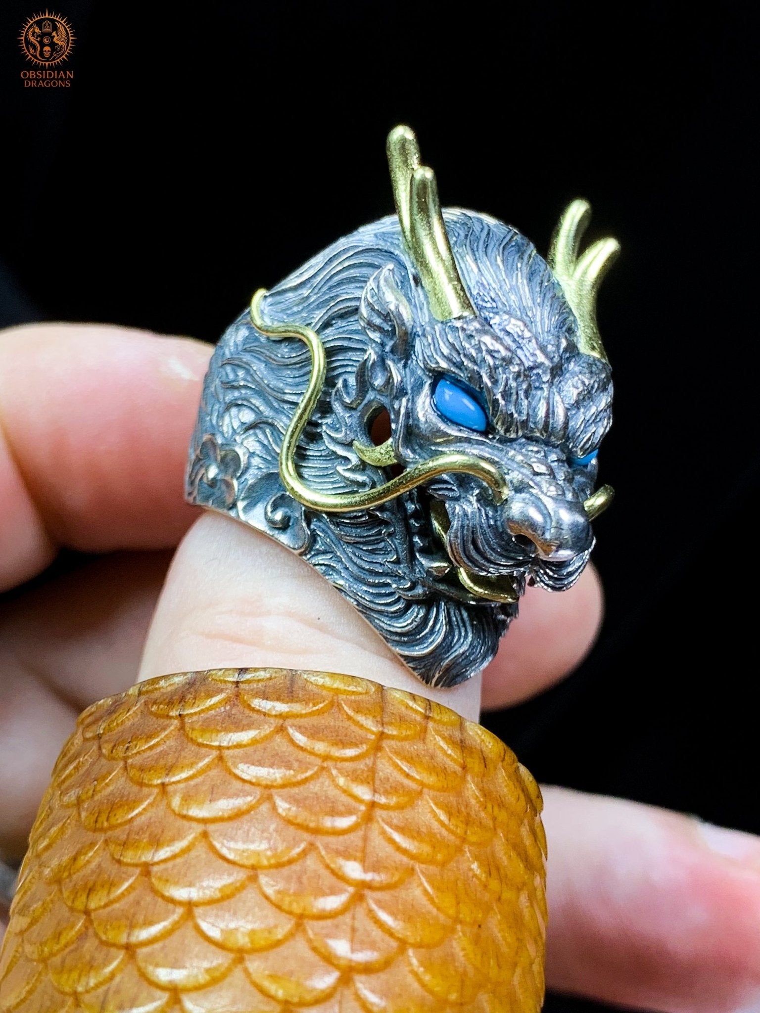 Bague Dragon Chinois – Argent 925 et Turquoises - feng shui | obsidian dragons