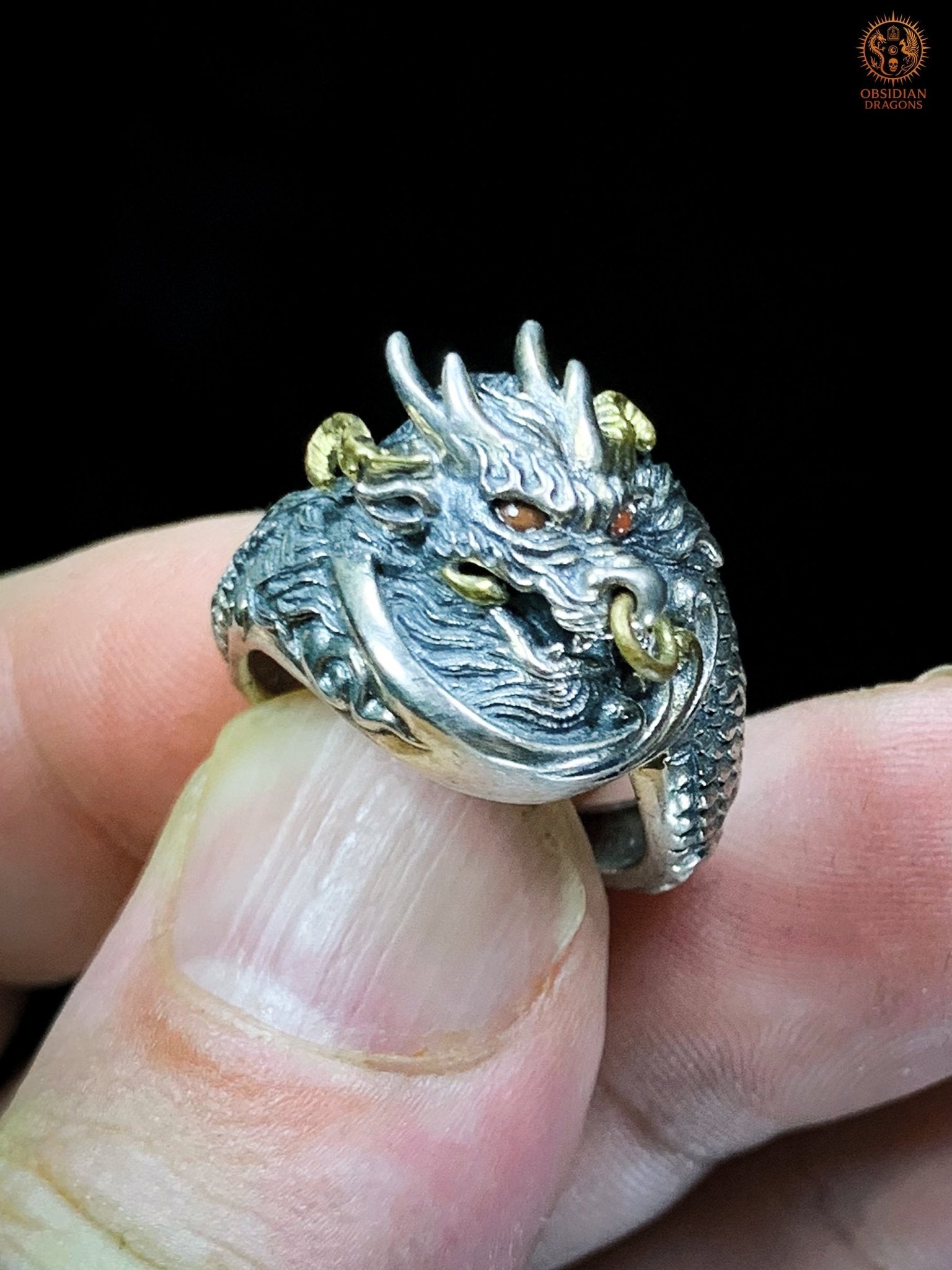 Bague Dragon - Qiuniu - argent 925 - Protection Feng Shui - obsidian dragons