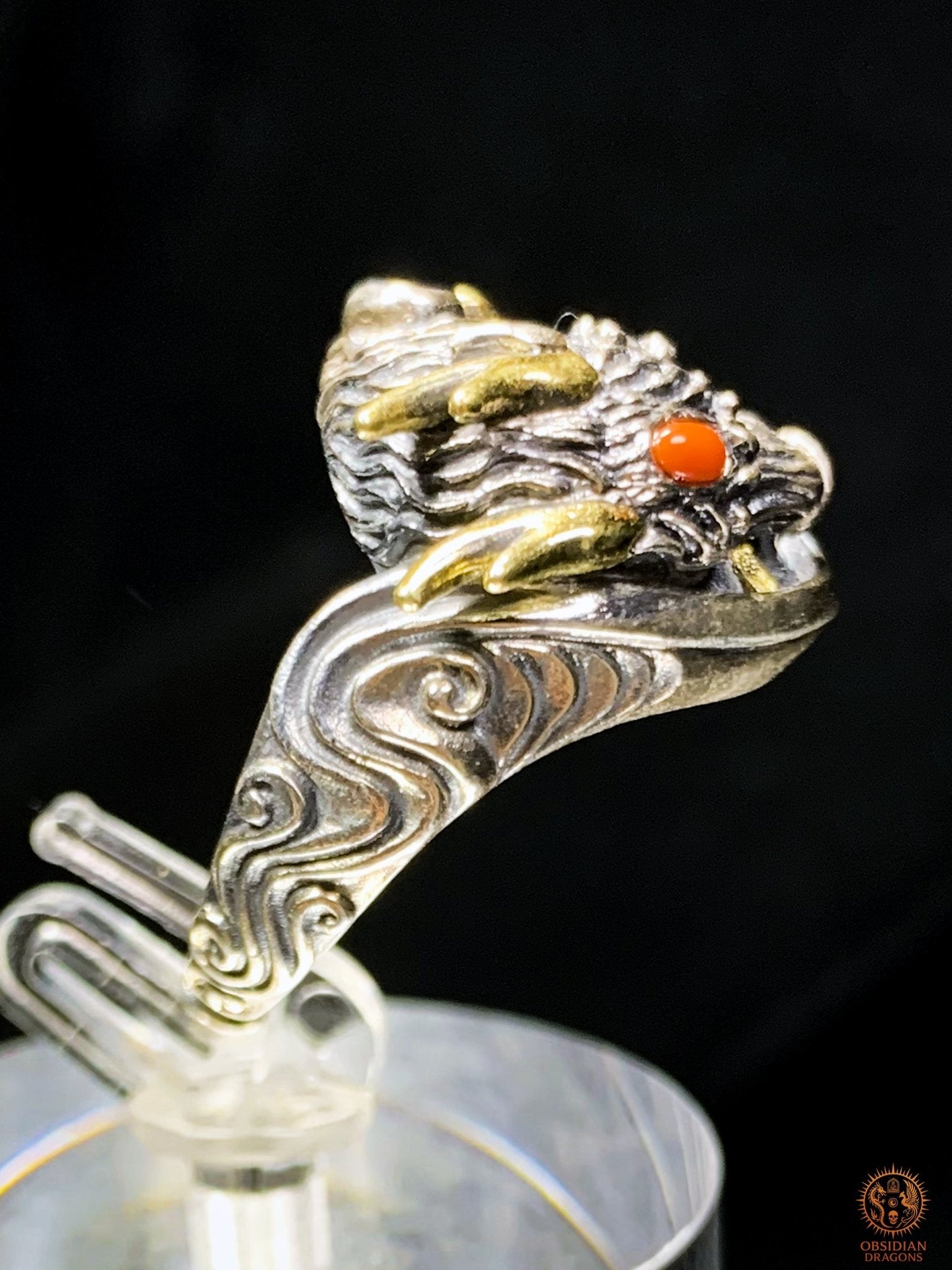 Bague Dragon - Yazi - argent 925 - Protection Feng Shui - obsidian dragons