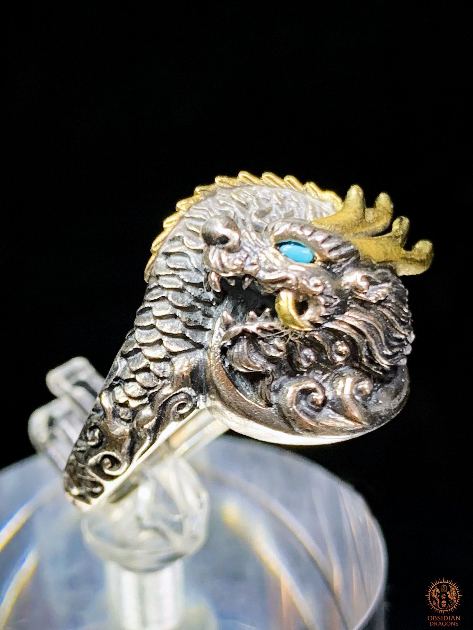 Bague Dragon - pulao - argent 925 - Protection Feng Shui - obsidian dragons