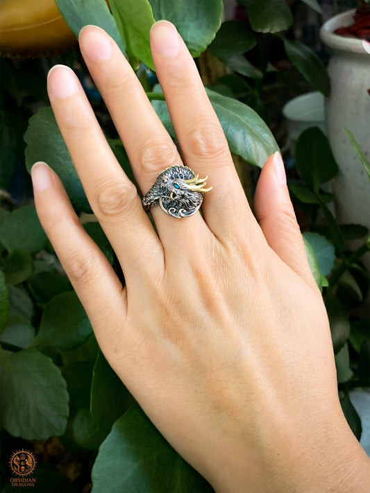 Bague Dragon - pulao - argent 925 - Protection Feng Shui | obsidian dragons