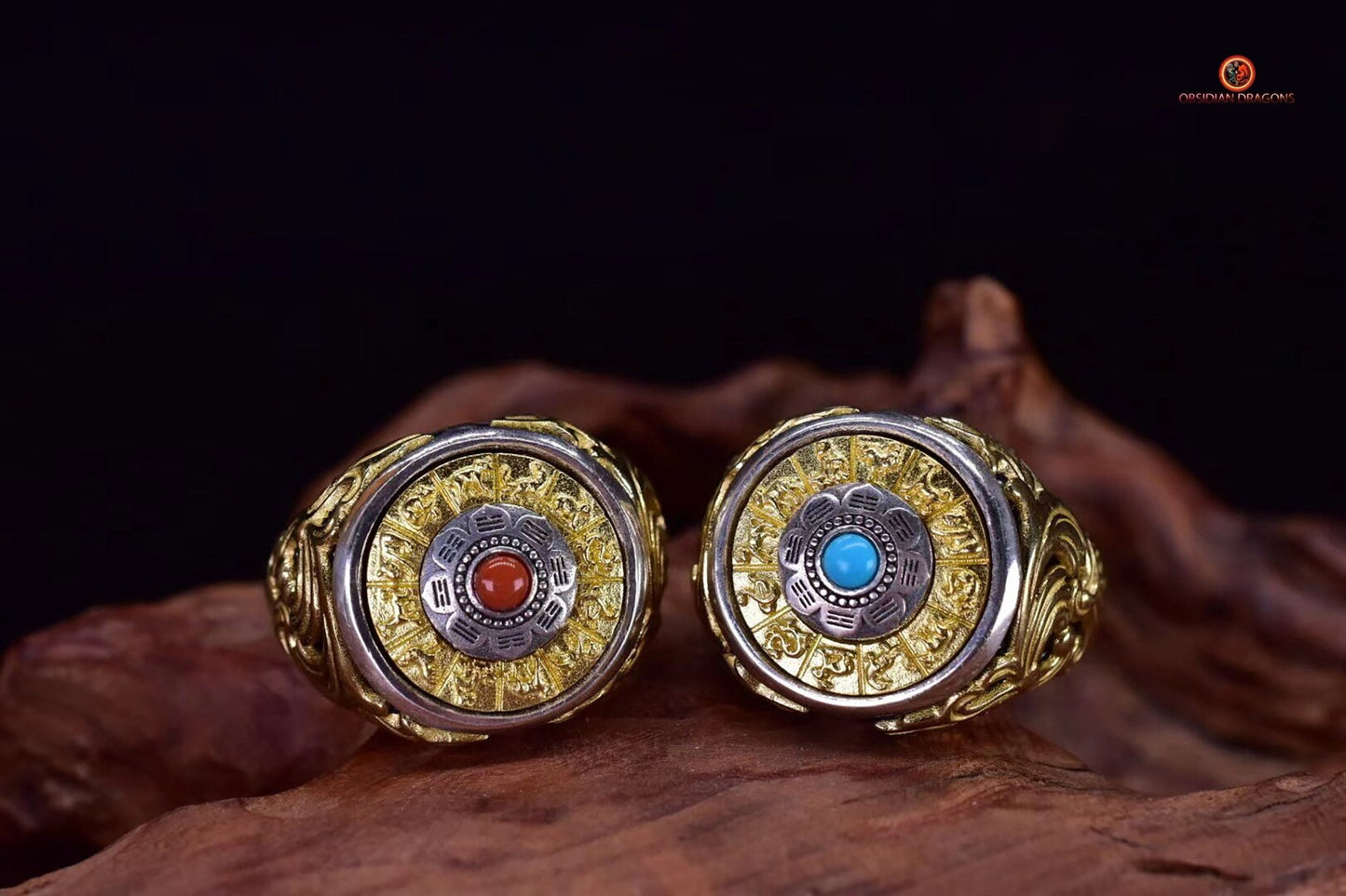 Bague Feng Shui tournante - Bagua Luo Pan - Argent - Pierres fines | obsidian dragons