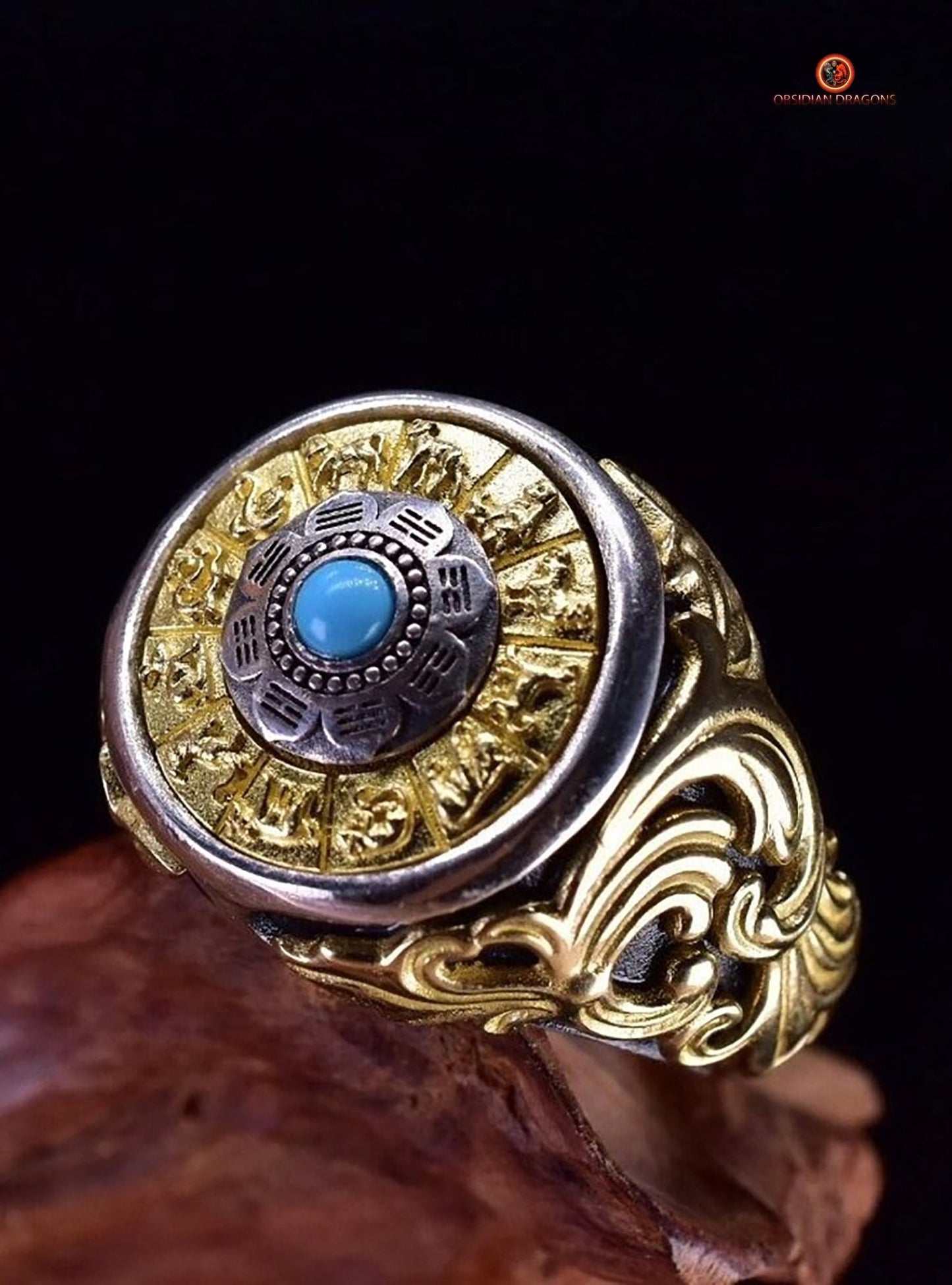 Bague Feng Shui tournante - Bagua Luo Pan - Argent - Pierres fines | obsidian dragons