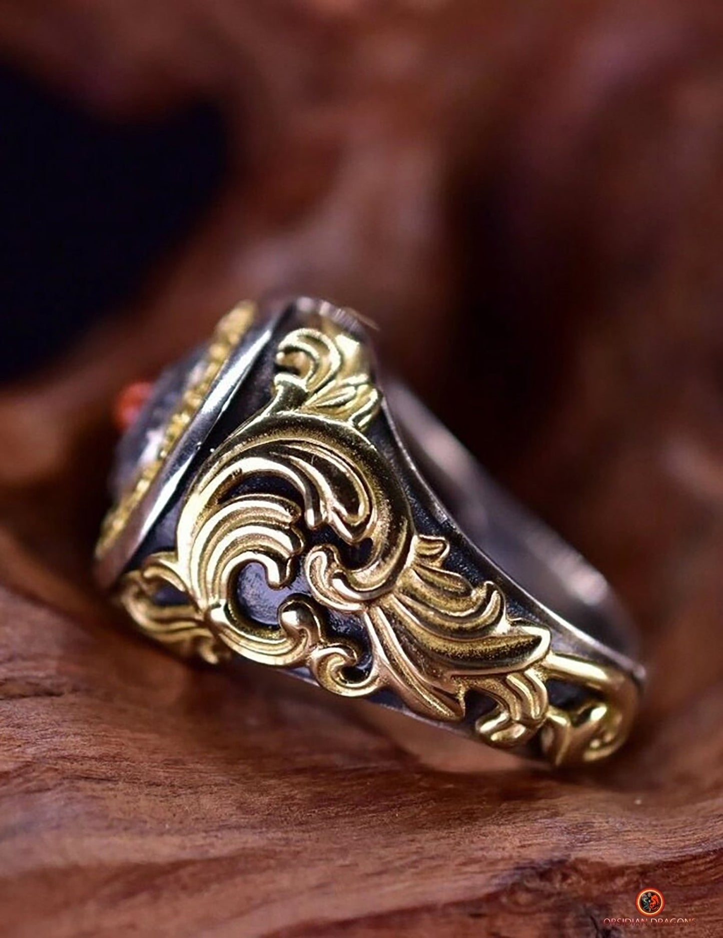 Bague Feng Shui tournante - Bagua Luo Pan - Argent - Pierres fines | obsidian dragons