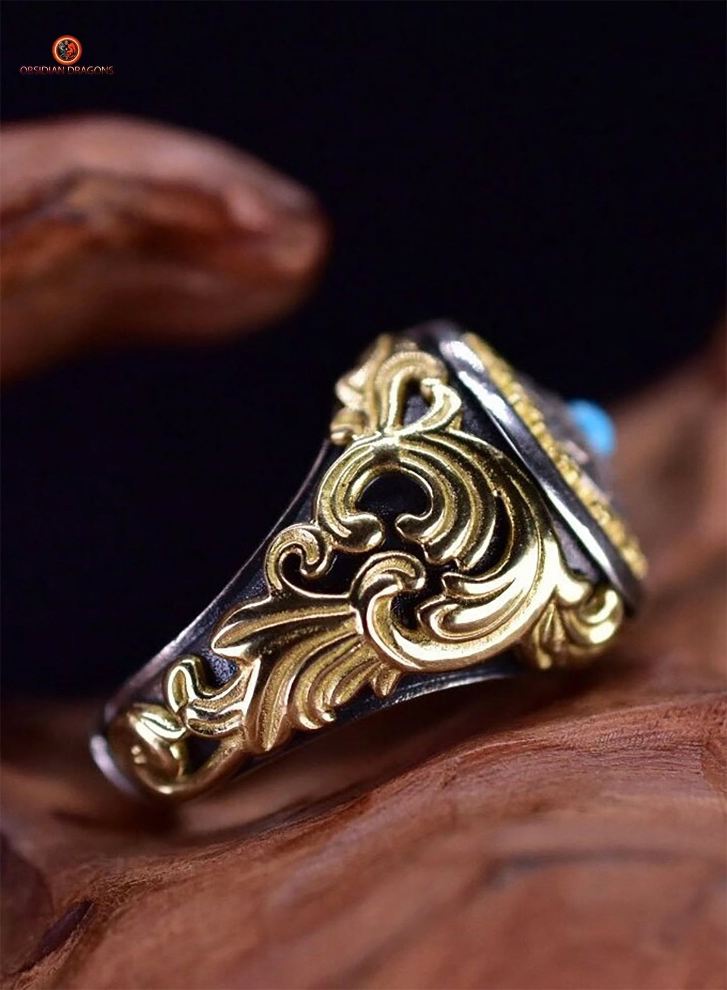 Bague Feng Shui tournante - Bagua Luo Pan - Argent - Pierres fines | obsidian dragons