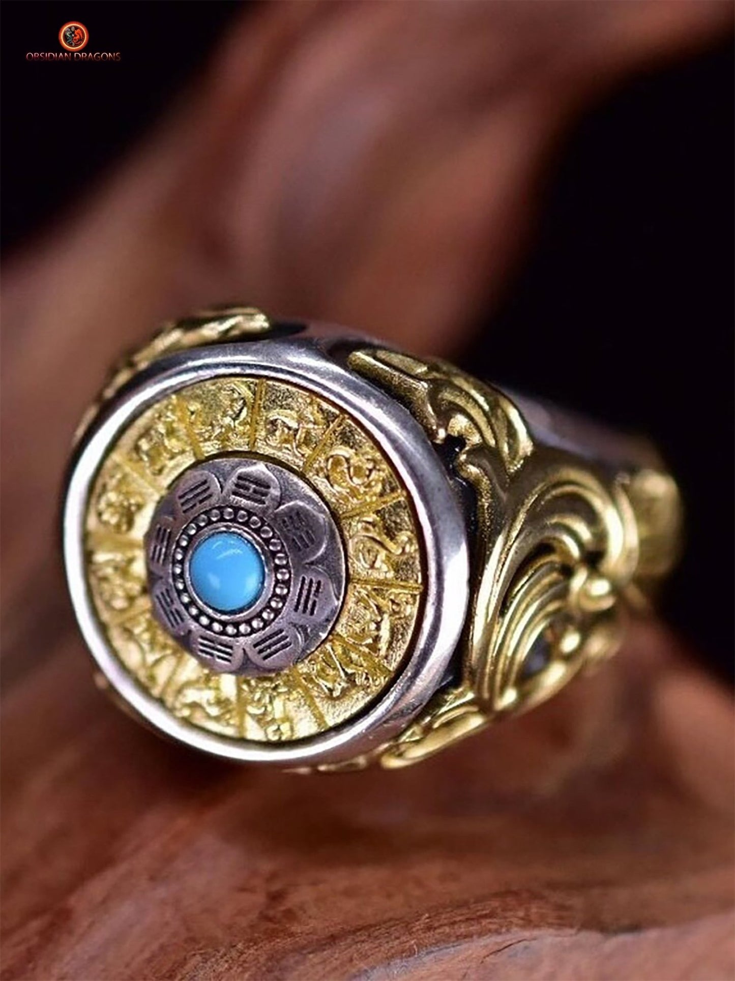 Bague Feng Shui tournante - Bagua Luo Pan - Argent - Pierres fines | obsidian dragons