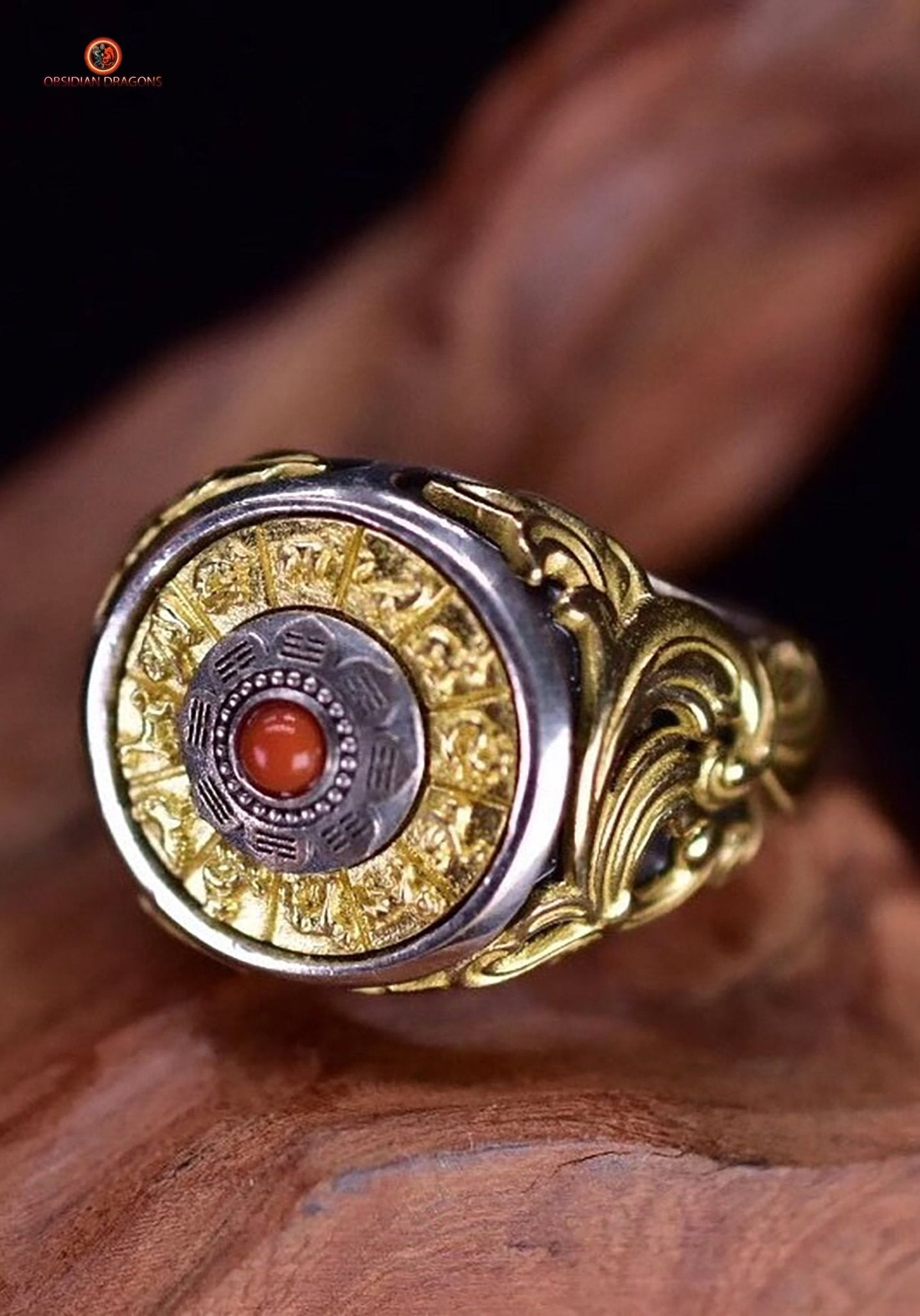 Bague Feng Shui tournante - Bagua Luo Pan - Argent - Pierres fines | obsidian dragons