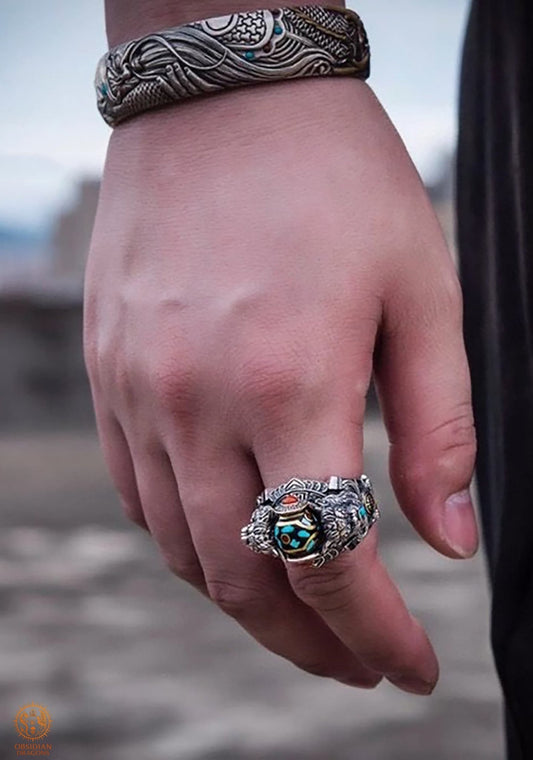 Bague Tibétaine en Argent 925 – Lions Protecteurs & Dzi | obsidian dragons