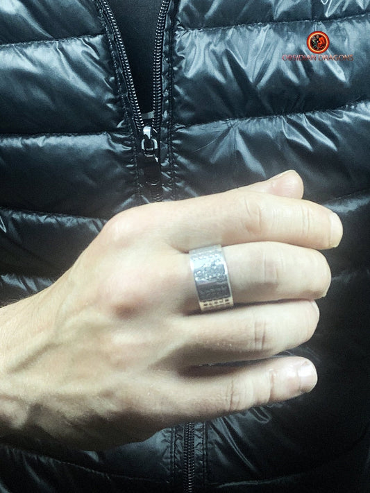 Bague bouddhiste en argent - Bouddha Acala - Sutra du Cœur | obsidian dragons