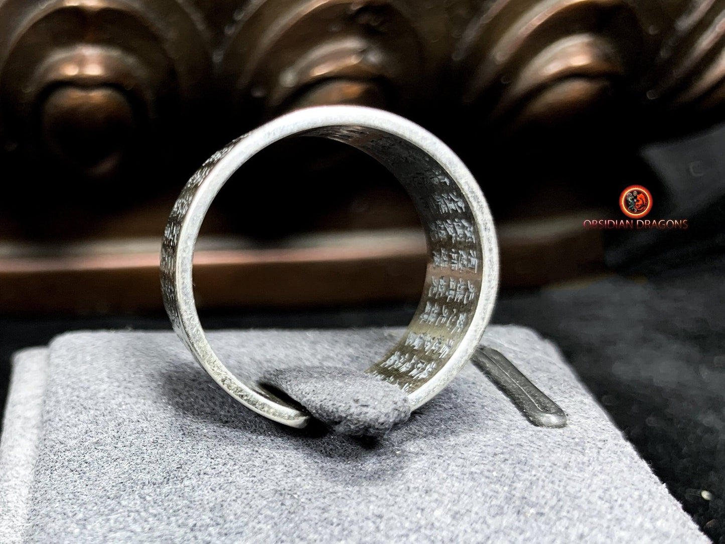 Bague bouddhiste en argent - Manjushri - Sutra du Cœur | obsidian dragons