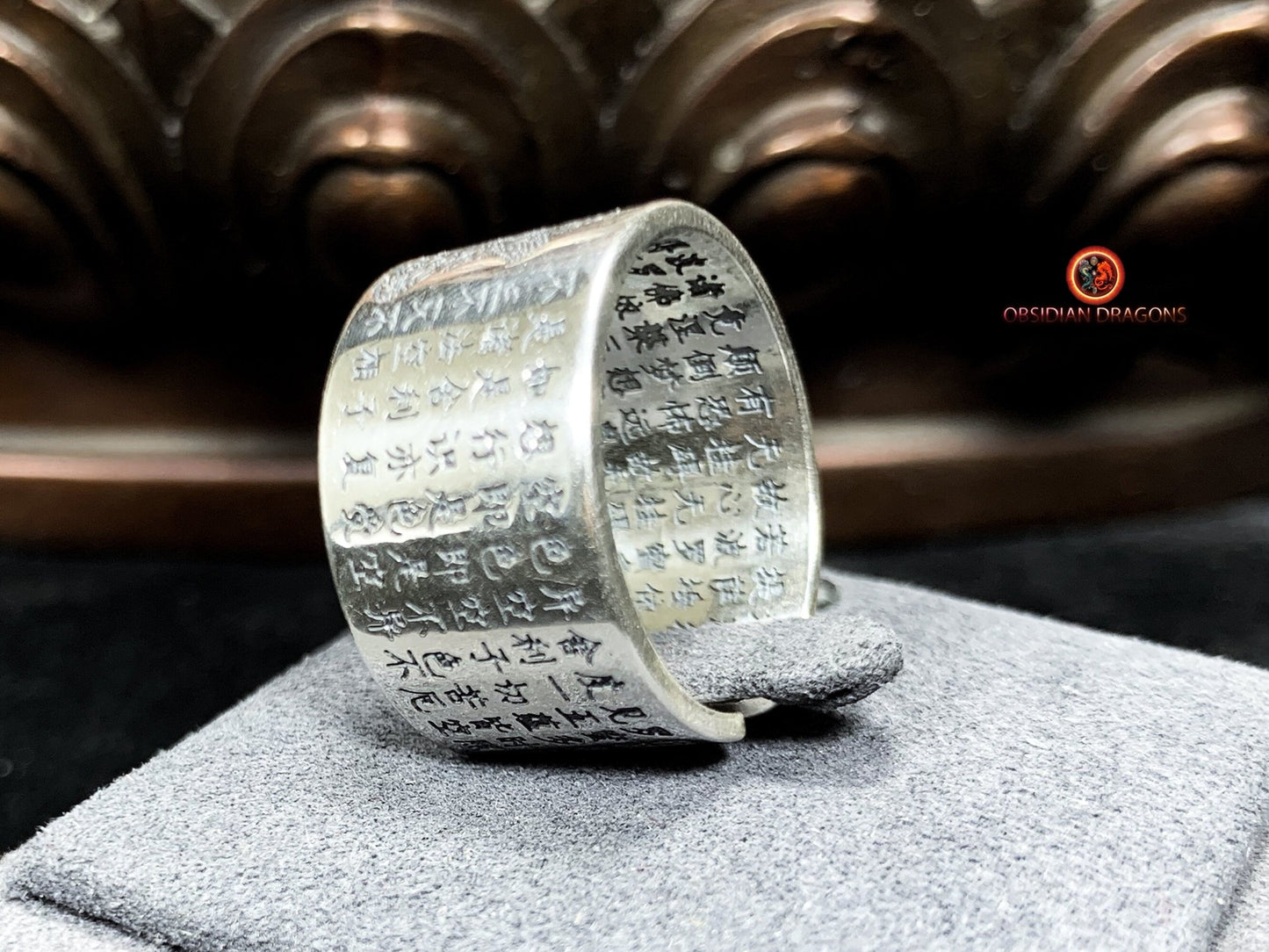 Bague bouddhiste en argent - Manjushri - Sutra du Cœur | obsidian dragons