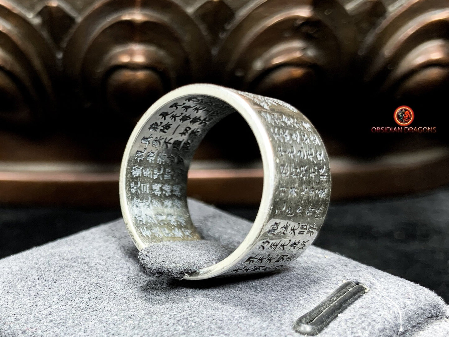 Bague bouddhiste en argent - Manjushri - Sutra du Cœur | obsidian dragons