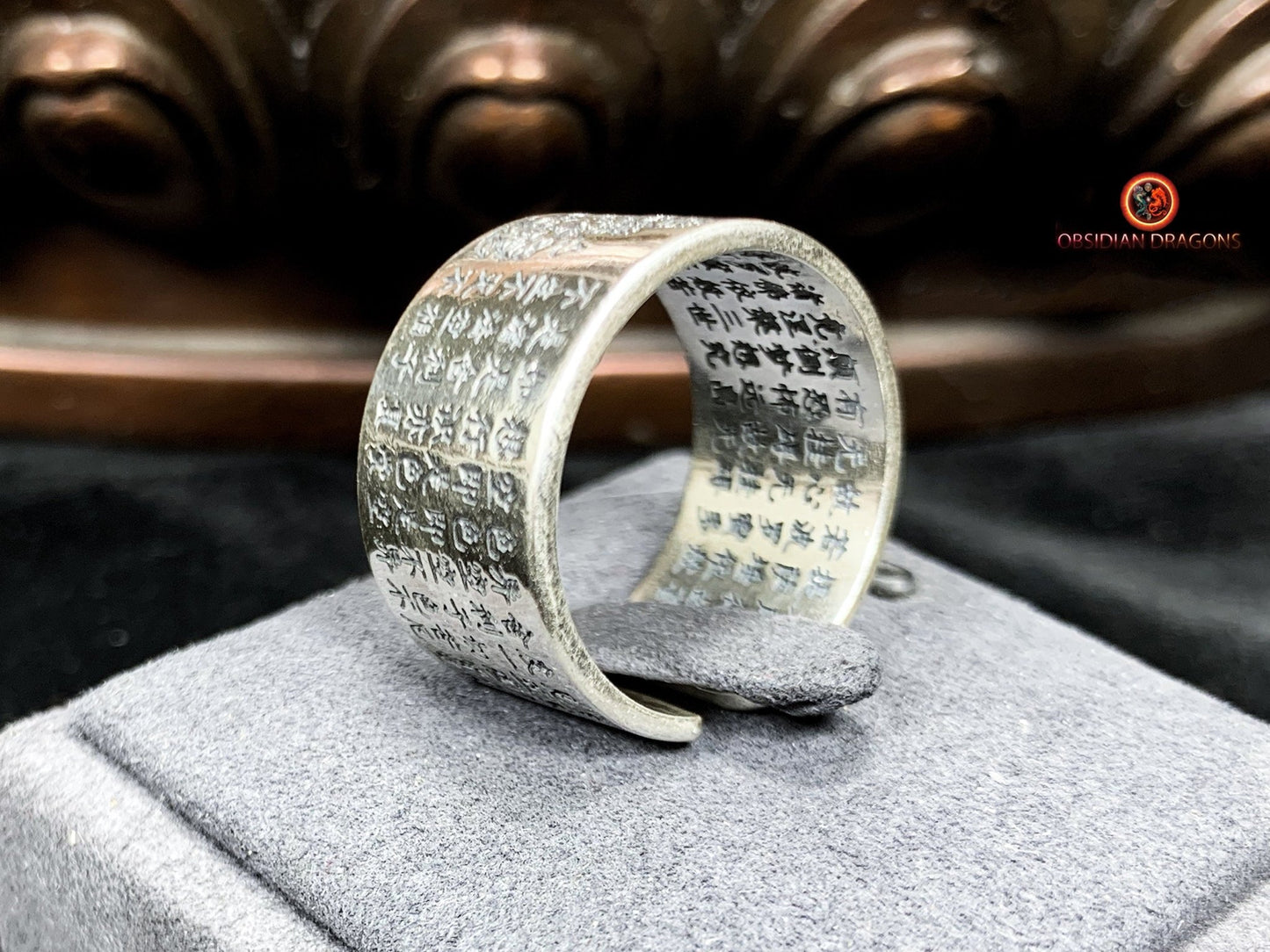 Bague bouddhiste en argent - Samantabhadra - Sutra du Cœur | obsidian dragons
