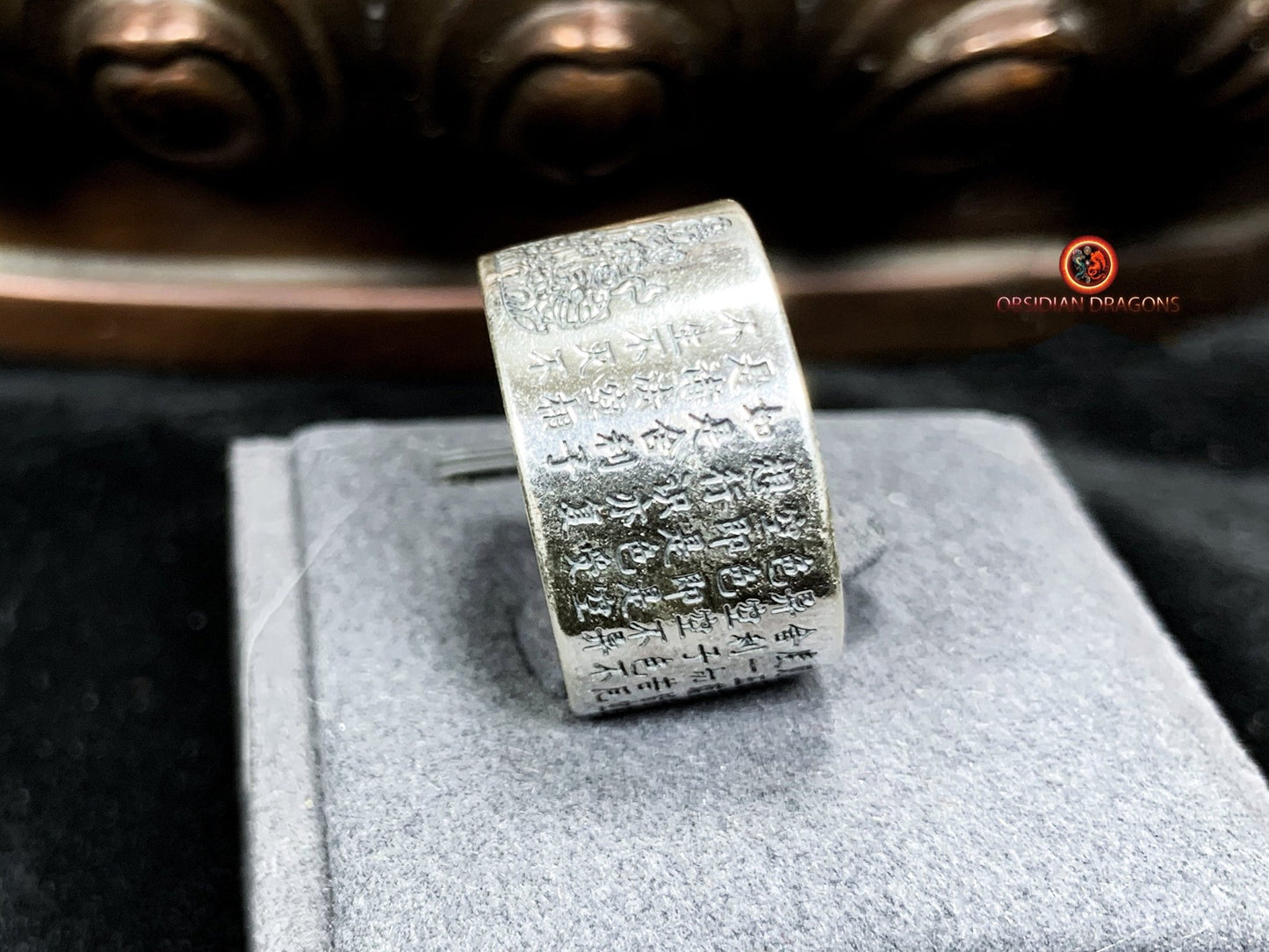 Bague bouddhiste en argent - Samantabhadra - Sutra du Cœur | obsidian dragons