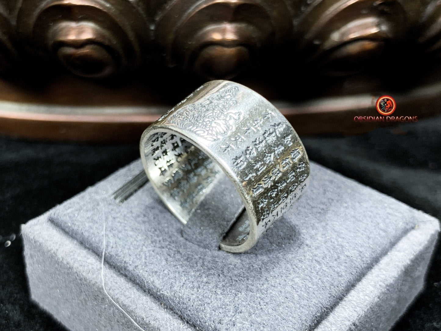 Bague bouddhiste en argent - Samantabhadra - Sutra du Cœur | obsidian dragons