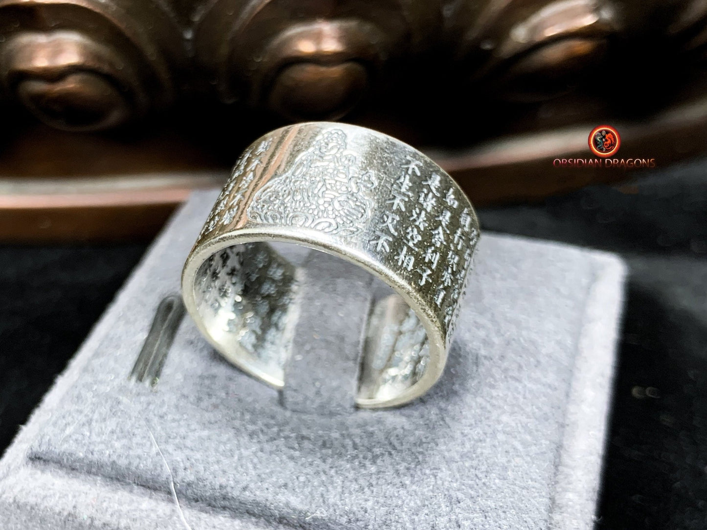 Bague bouddhiste en argent - Samantabhadra - Sutra du Cœur | obsidian dragons