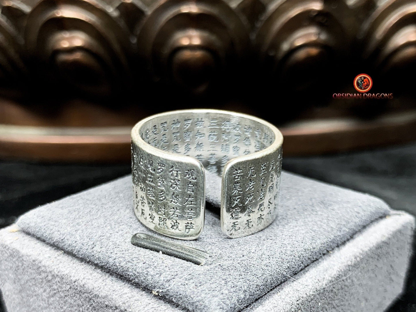 Bague bouddhiste en argent - Samantabhadra - Sutra du Cœur | obsidian dragons