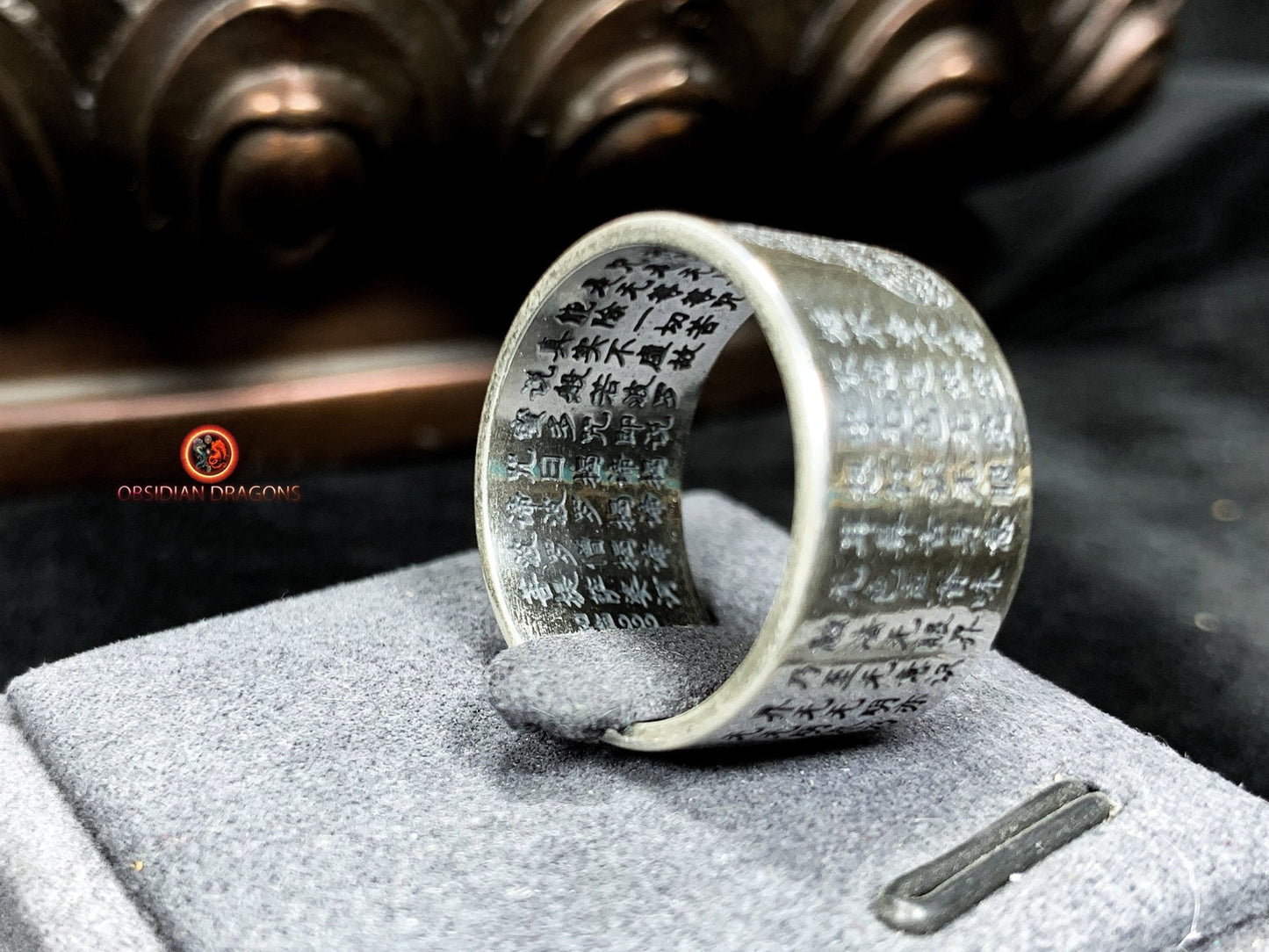 Bague bouddhiste en argent - Samantabhadra - Sutra du Cœur | obsidian dragons
