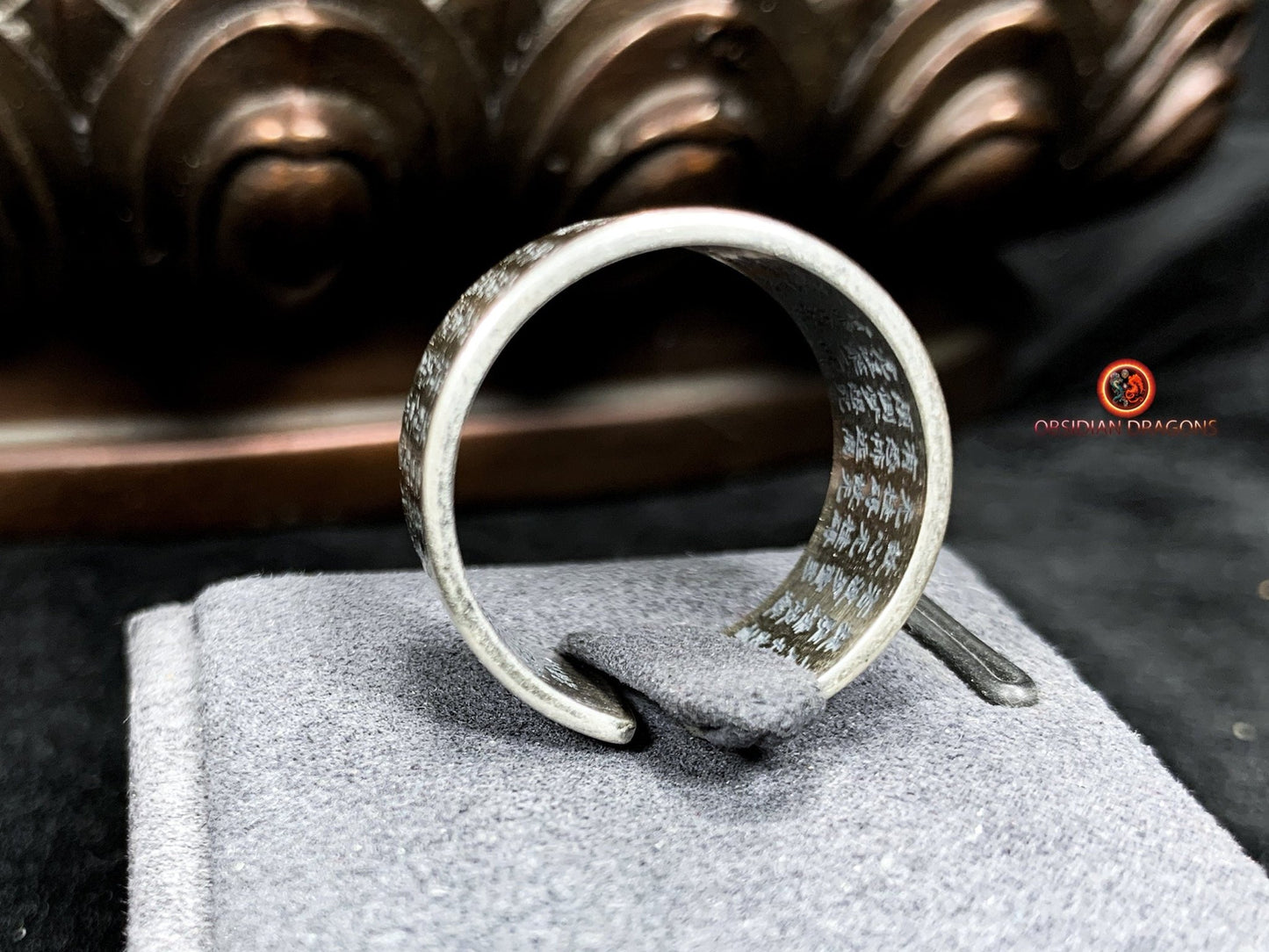 Bague bouddhiste en argent - Samantabhadra - Sutra du Cœur | obsidian dragons
