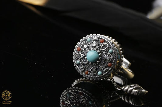 Bague tibétaine - Moulin à Prière - Argent 925 et turquoises | obsidian dragons