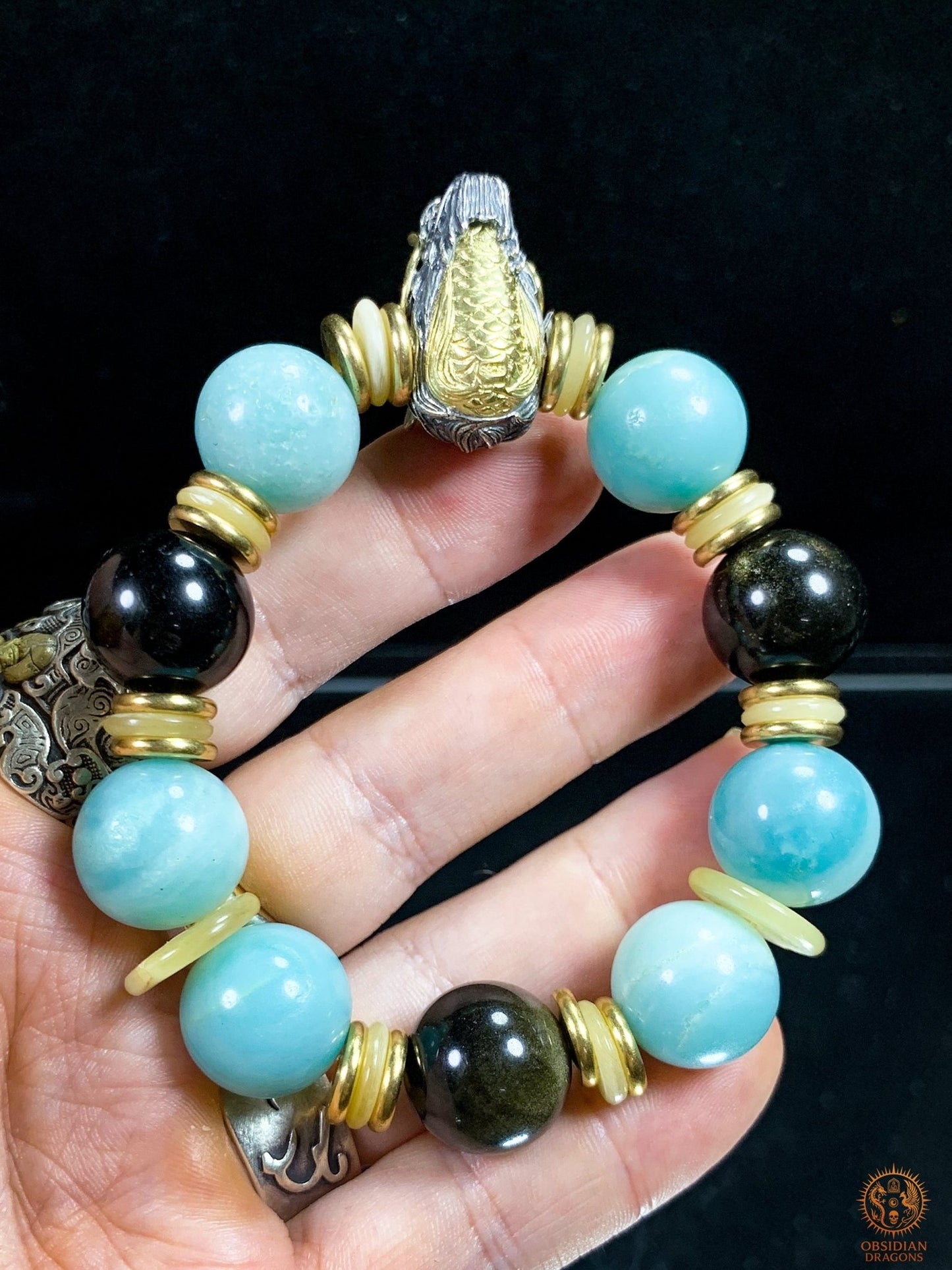 Bracelet Dragon en Argent 925 – Amazonite & Obsidienne | obsidian dragons