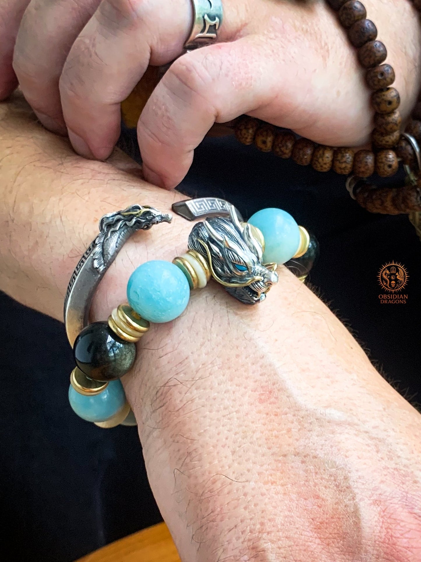 Bracelet Dragon en Argent 925 – Amazonite & Obsidienne