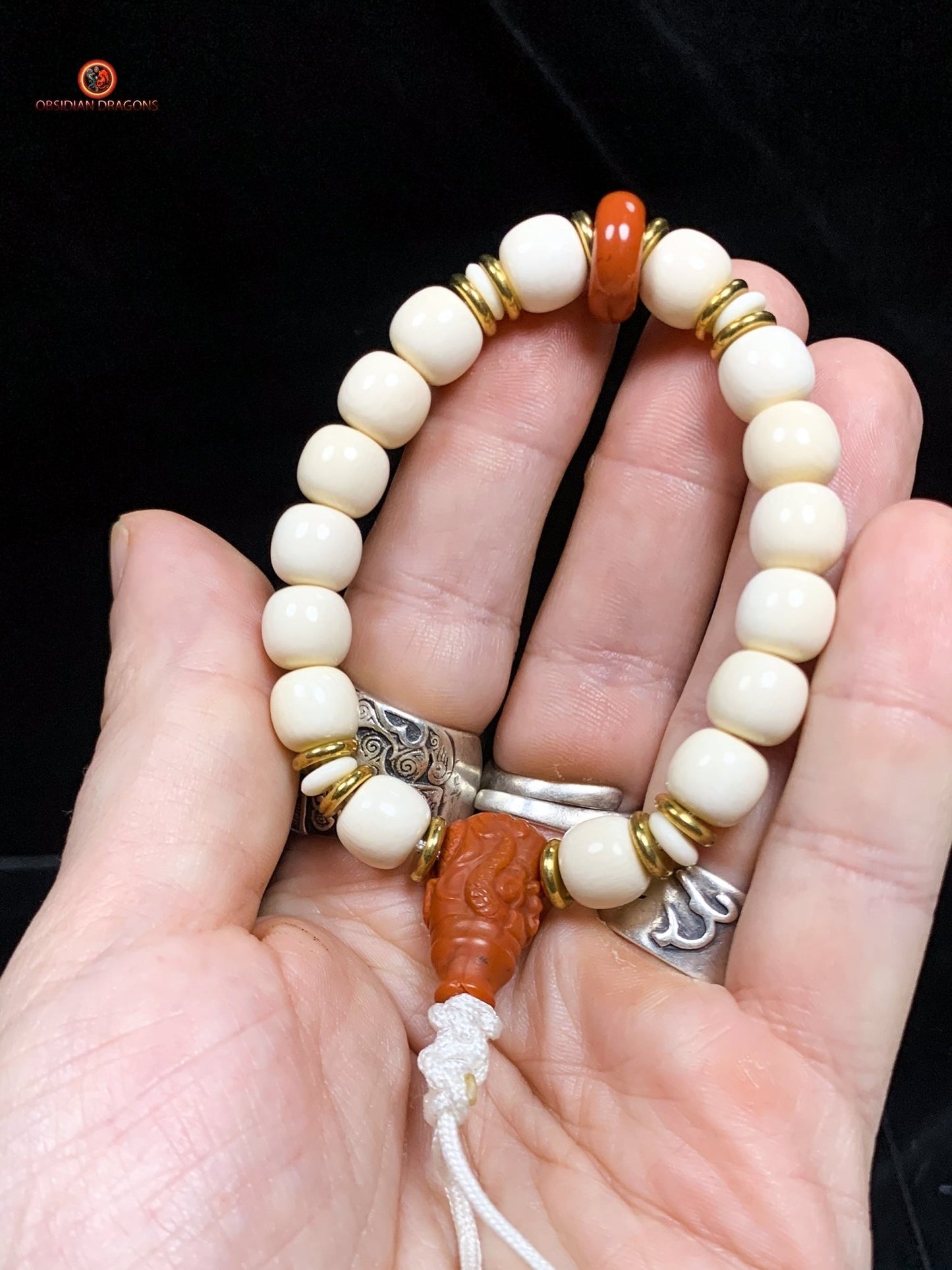 Bracelet Dragon en Ivoire de Mammouth et Agate Nan Hong | obsidian dragons