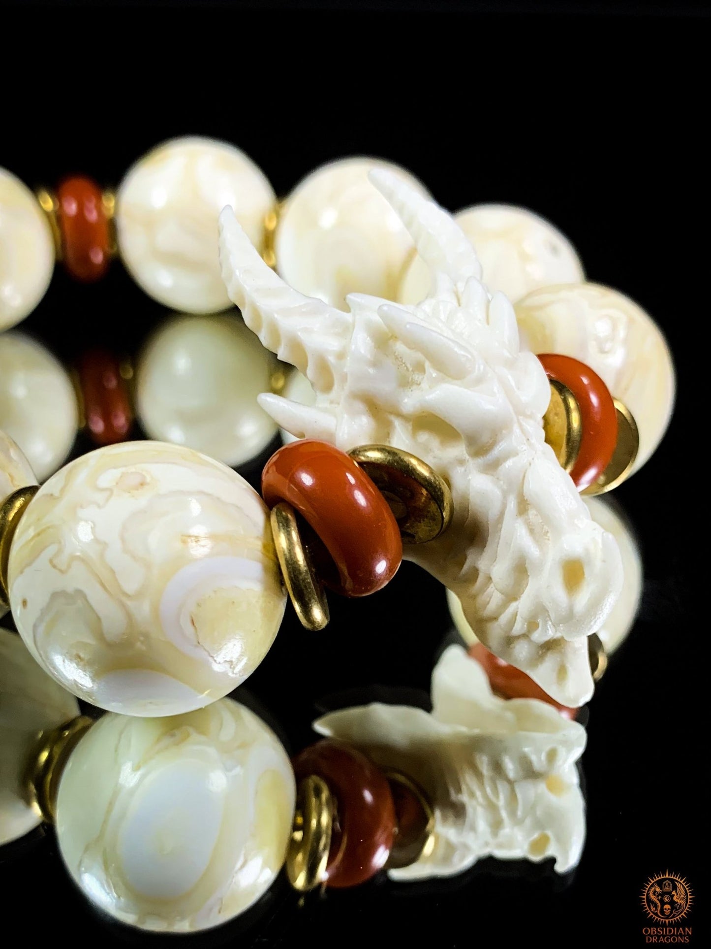 Bracelet Dragon en Molaires de Mammouth – Agate & Bois de Cerf | obsidian dragons