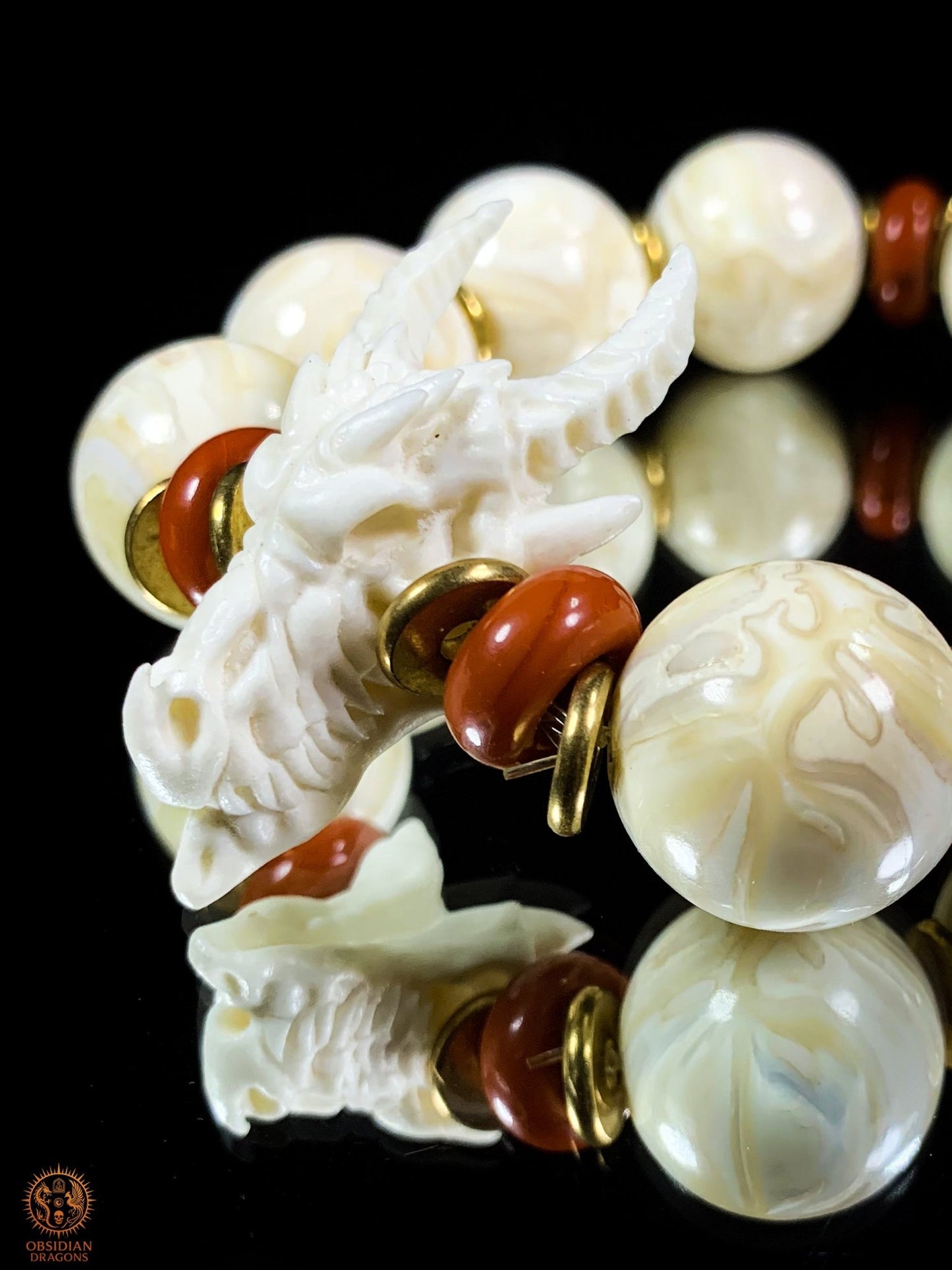 Bracelet Dragon en Molaires de Mammouth – Agate & Bois de Cerf | obsidian dragons