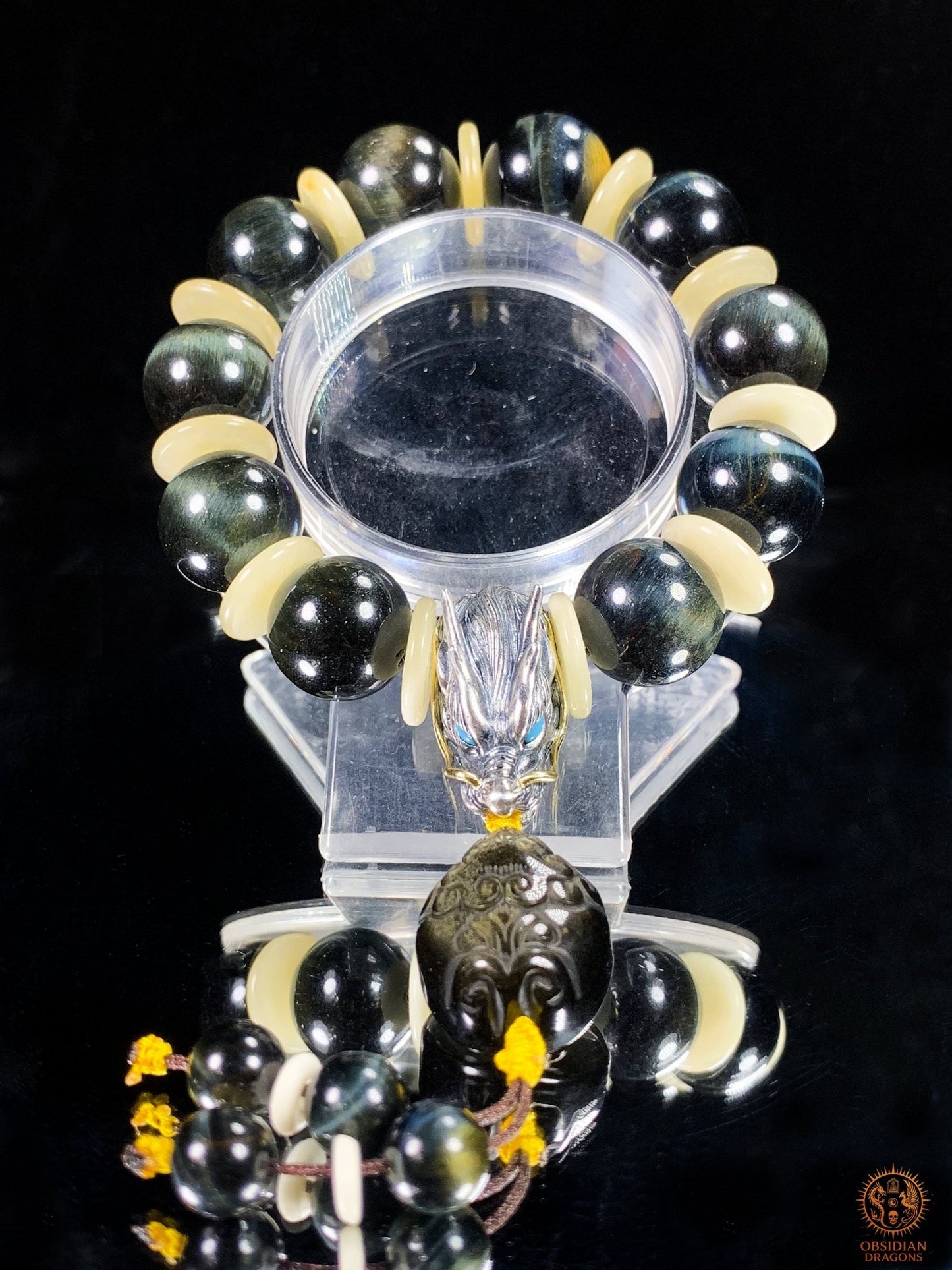Bracelet Dragon en Œil de Faucon – Tête de Dragon en Argent | obsidian dragons