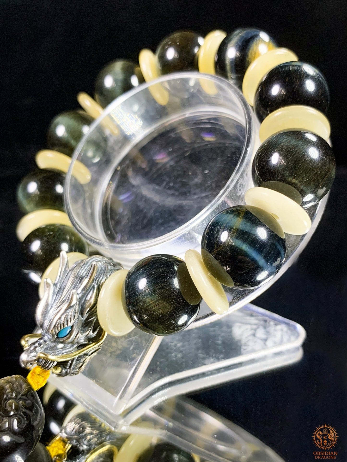 Bracelet Dragon en Œil de Faucon – Tête de Dragon en Argent | obsidian dragons