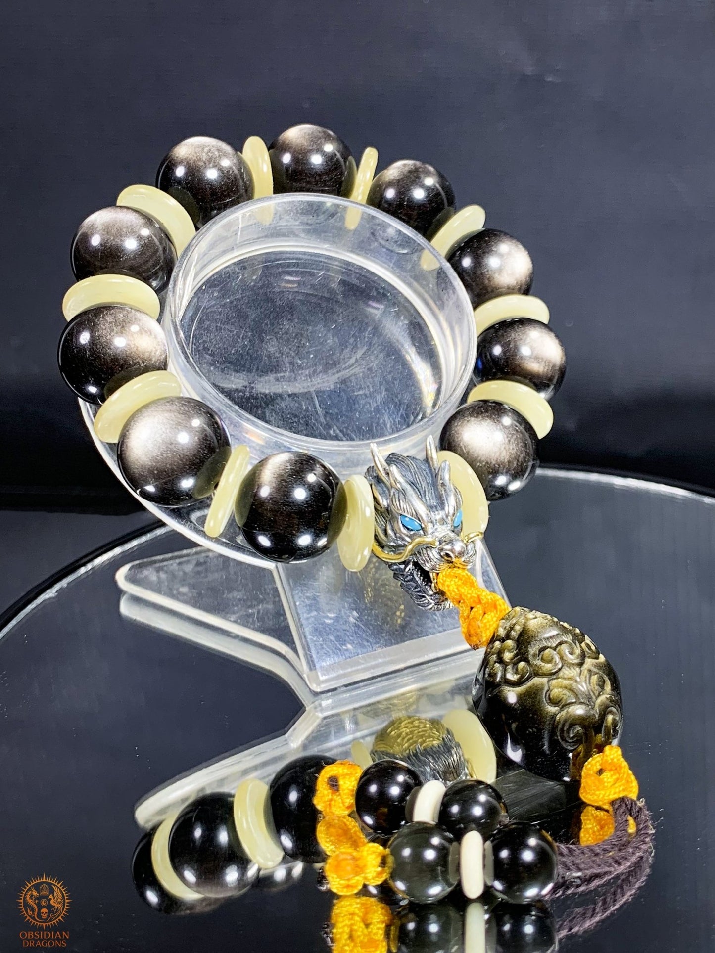 Bracelet Dragon en obsidienne argentée – Tête de Dragon en Argent | obsidian dragons