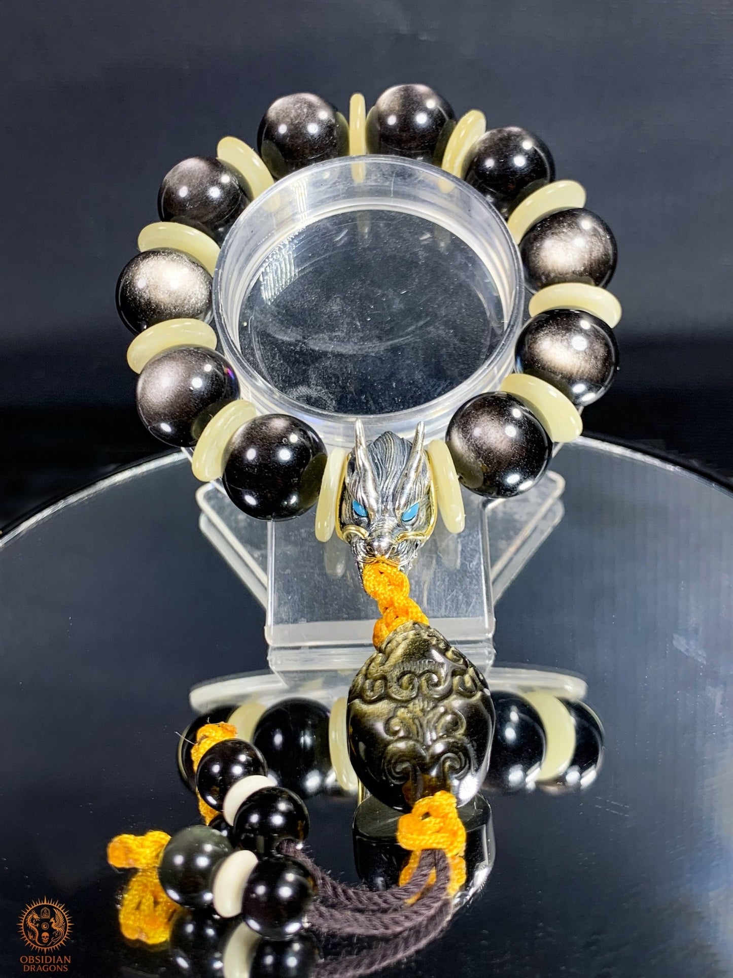 Bracelet Dragon en obsidienne argentée – Tête de Dragon en Argent | obsidian dragons