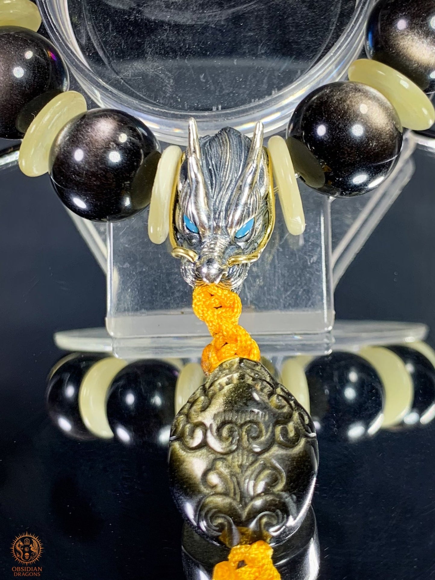 Bracelet Dragon en obsidienne argentée – Tête de Dragon en Argent | obsidian dragons