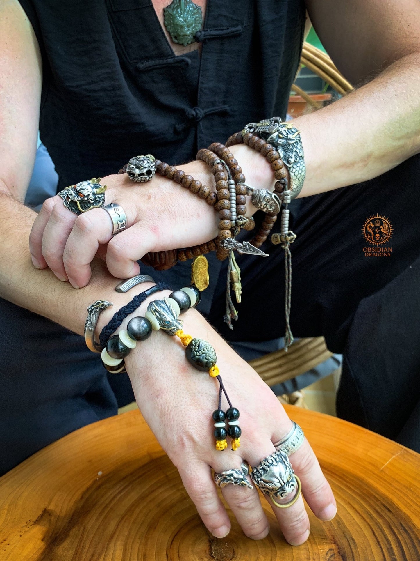 Bracelet Dragon en obsidienne argentée – Tête de Dragon en Argent - obsidian dragons