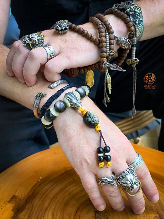 Bracelet Dragon en obsidienne argentée – Tête de Dragon en Argent | obsidian dragons