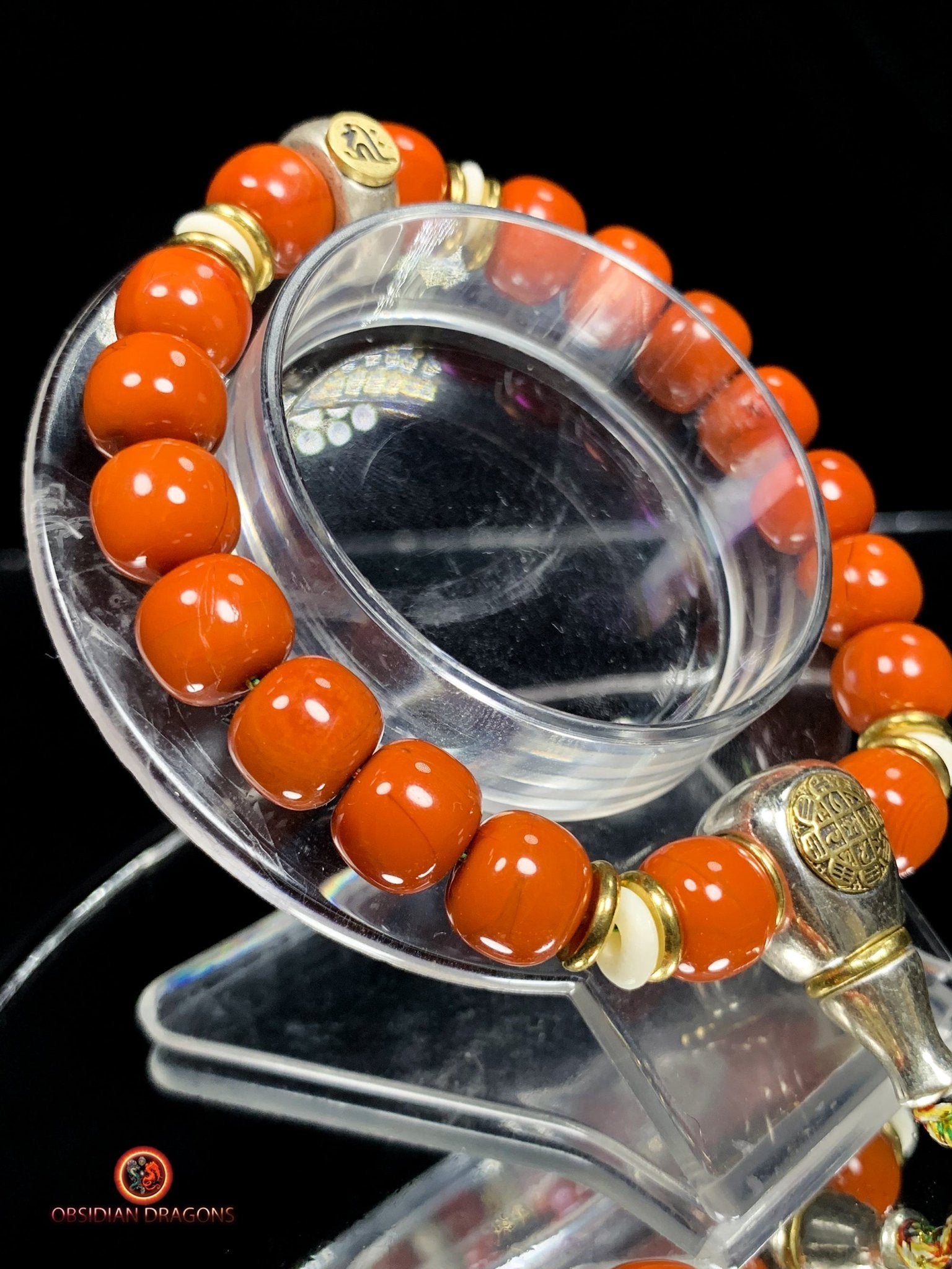 Bracelet bouddhiste en agate nan hong- Syllabe Hrih | obsidian dragons