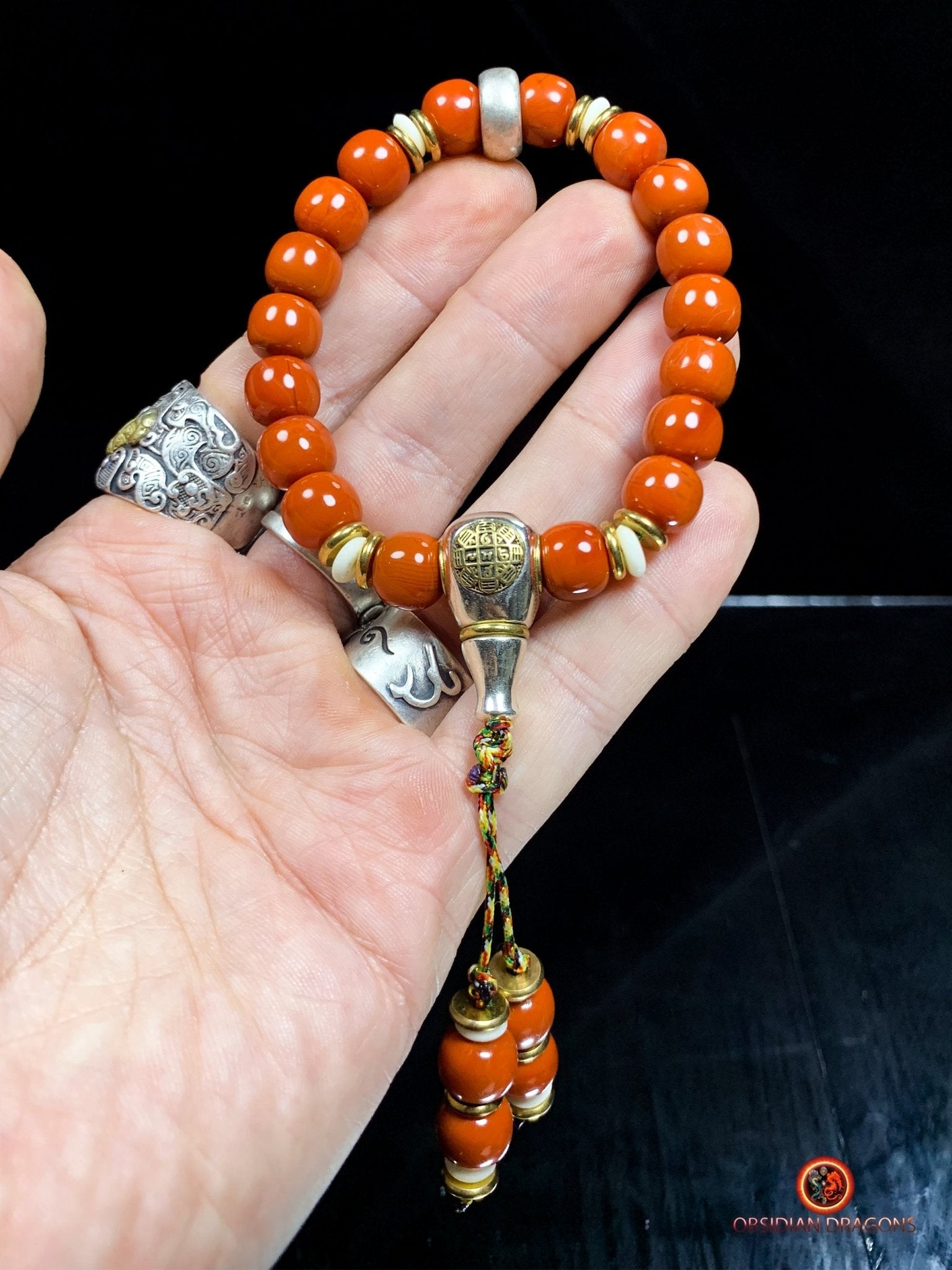 Bracelet bouddhiste en agate nan hong- Syllabe Hrih | obsidian dragons