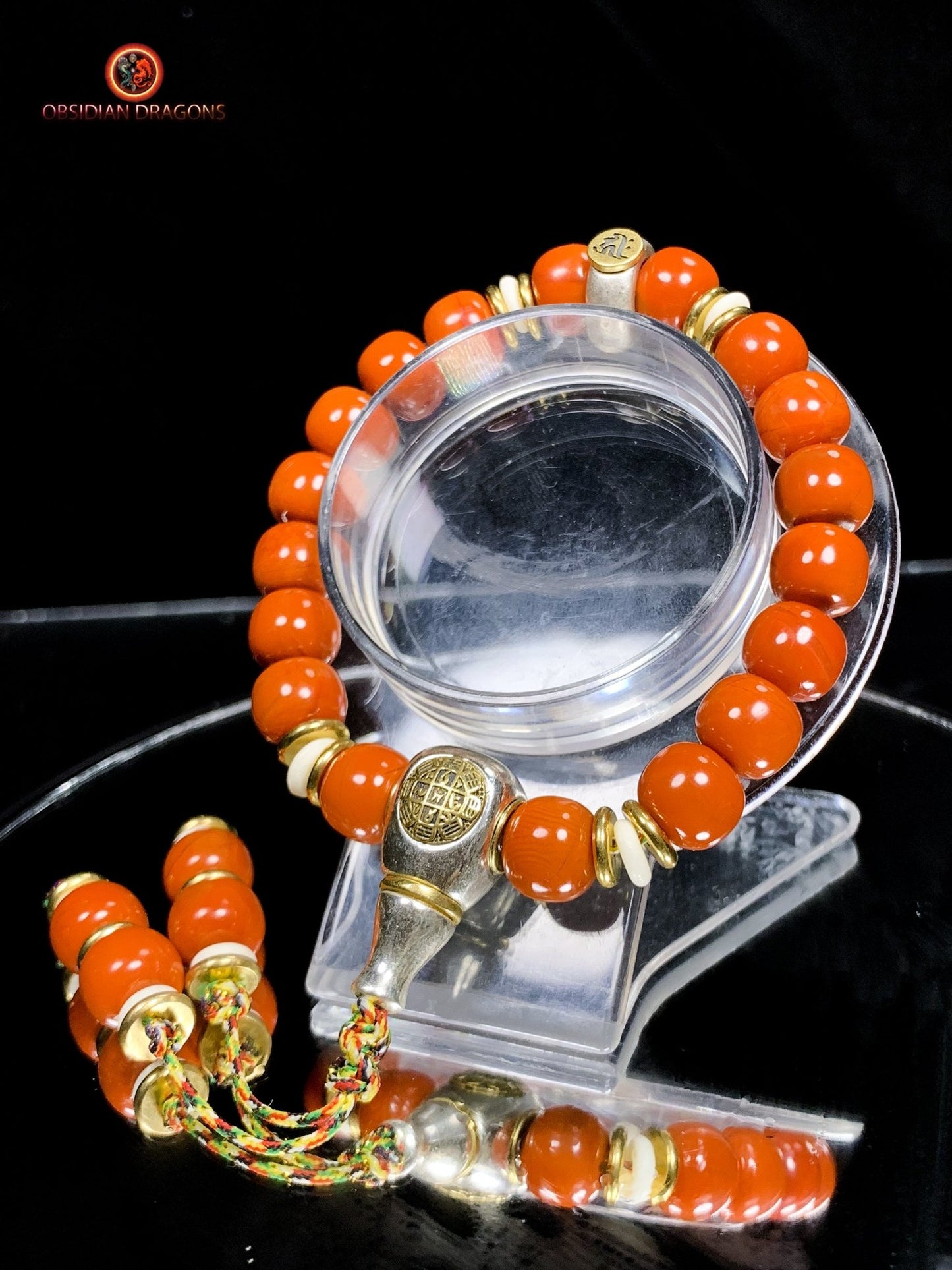 Bracelet bouddhiste en agate nan hong- Syllabe Hrih | obsidian dragons