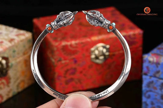 Bracelet bouddhiste en argent 925 - Protection du Dorjé | obsidian dragons