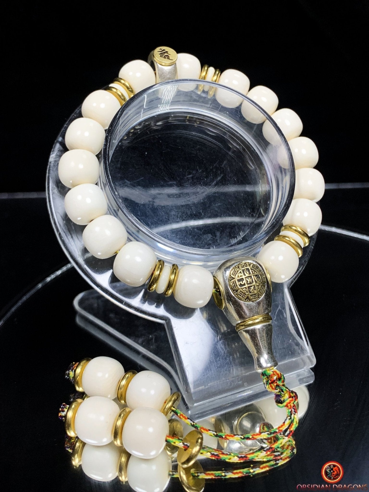 Bracelet bouddhiste en ivoire de mammouth - Syllabe Ham | obsidian dragons