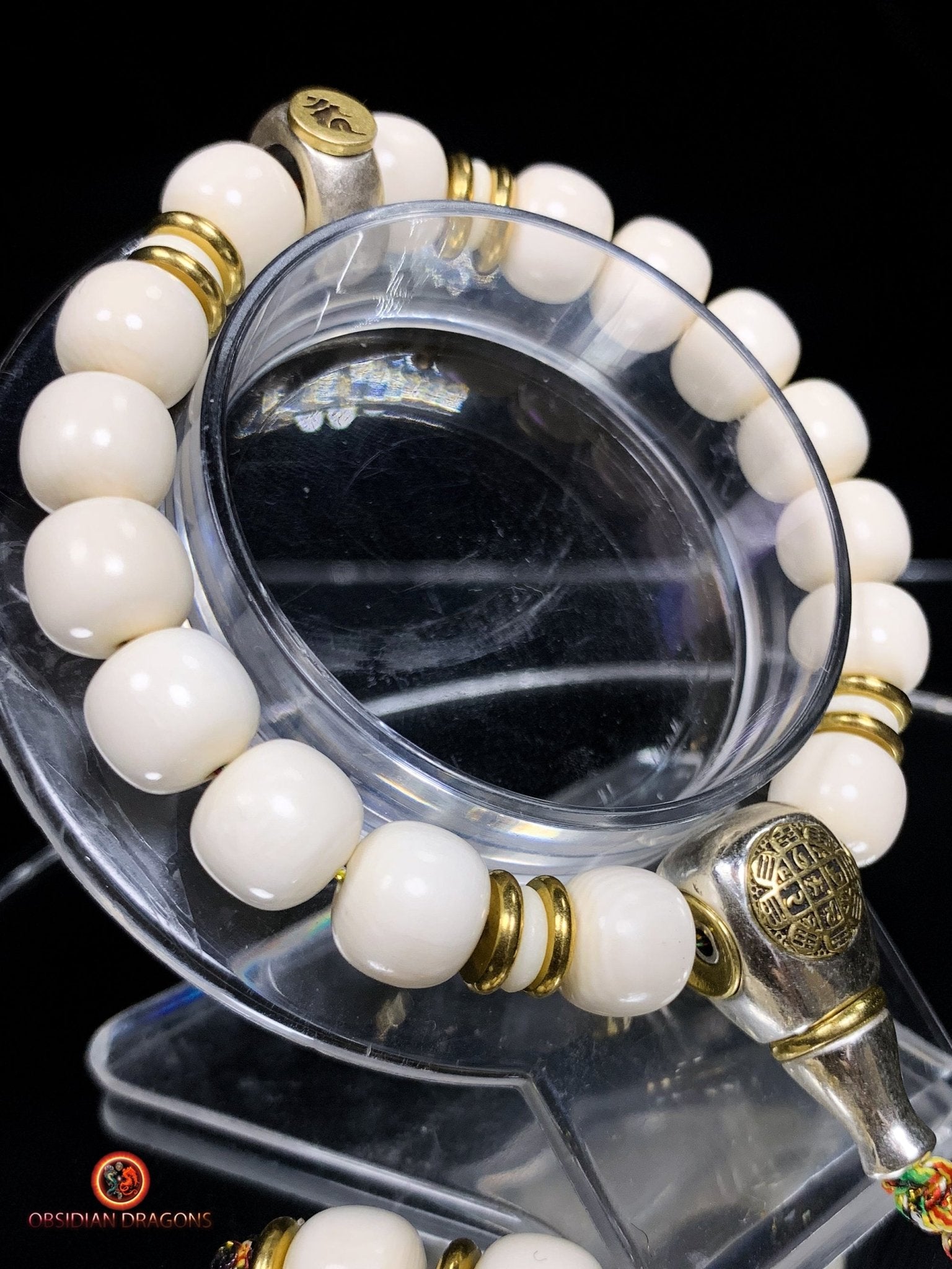 Bracelet bouddhiste en ivoire de mammouth - Syllabe Ham | obsidian dragons