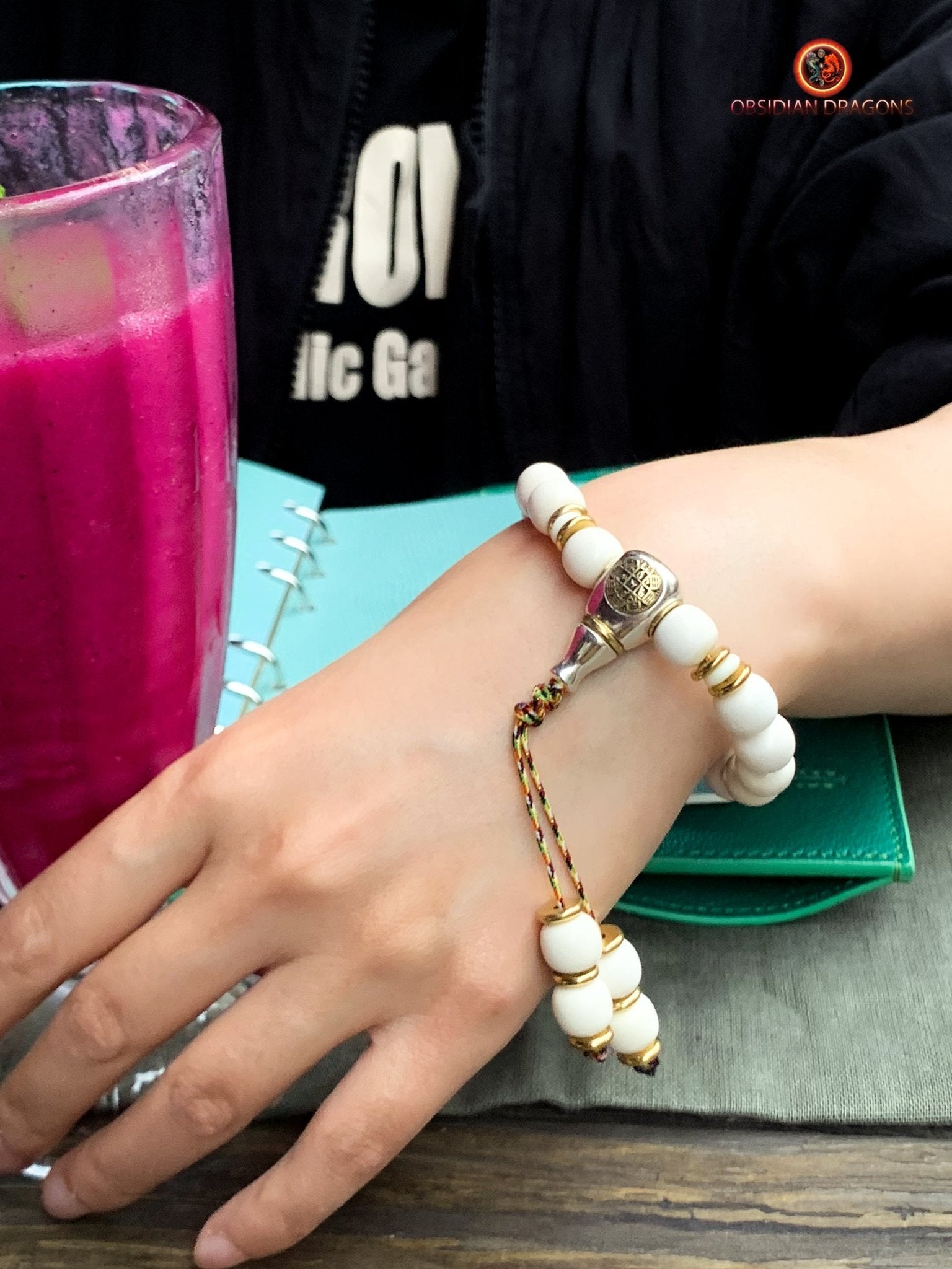 Bracelet bouddhiste en ivoire de mammouth - Syllabe Ham | obsidian dragons