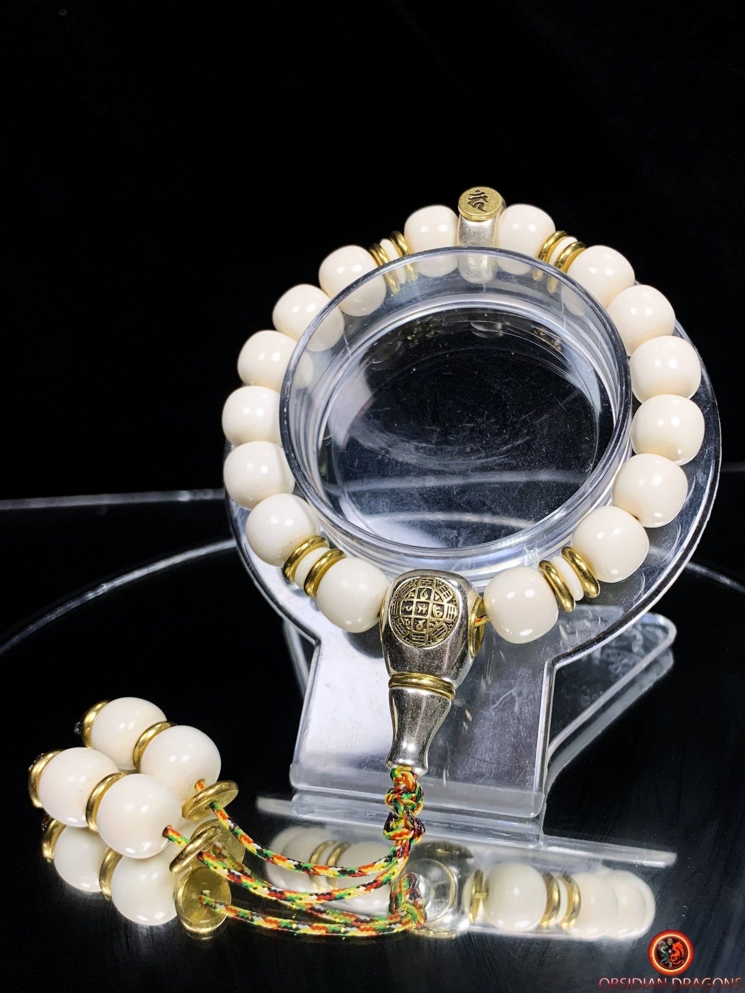 Bracelet bouddhiste en ivoire de mammouth - Syllabe Ham | obsidian dragons
