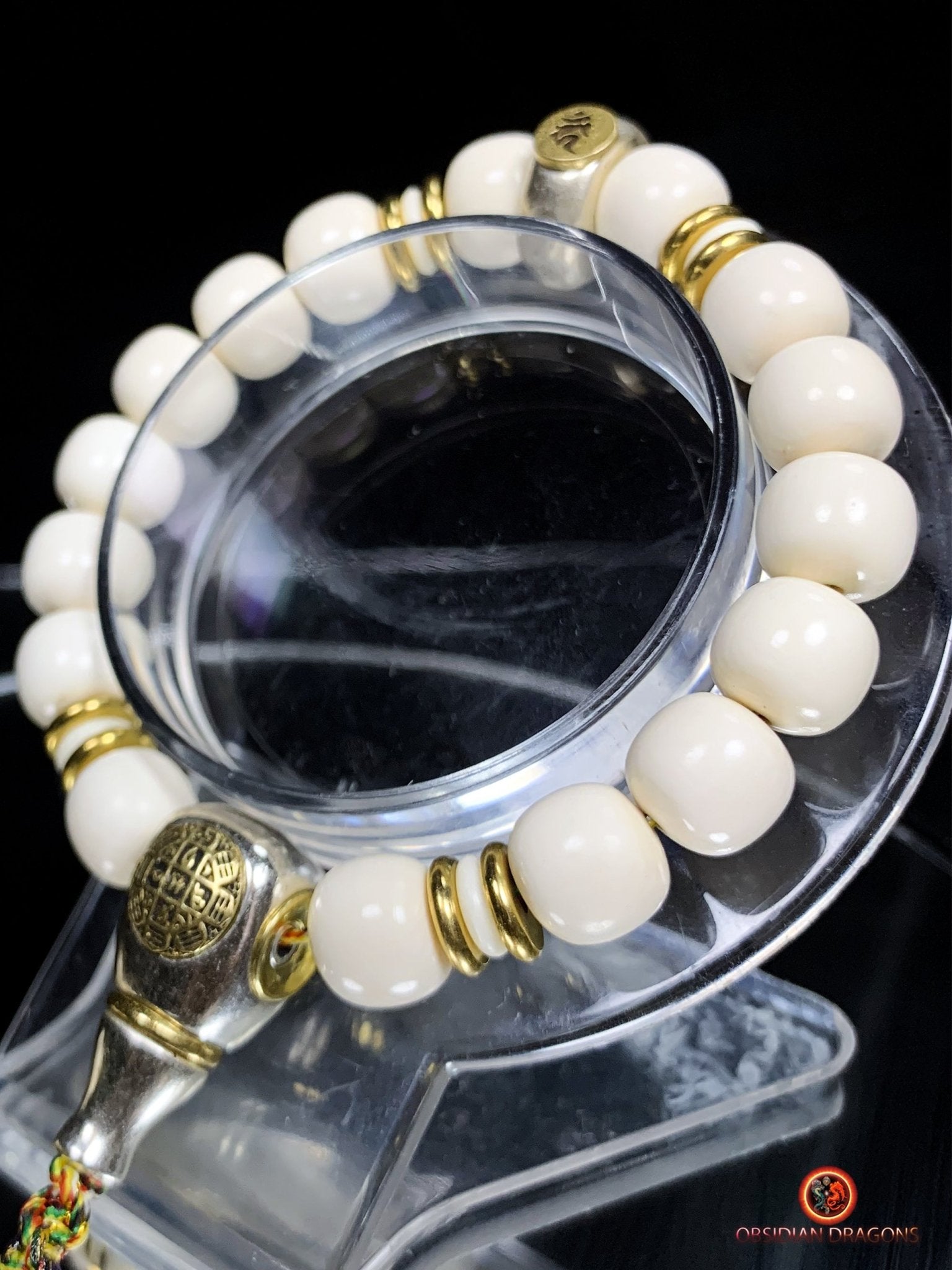 Bracelet bouddhiste en ivoire de mammouth - Syllabe Ham | obsidian dragons