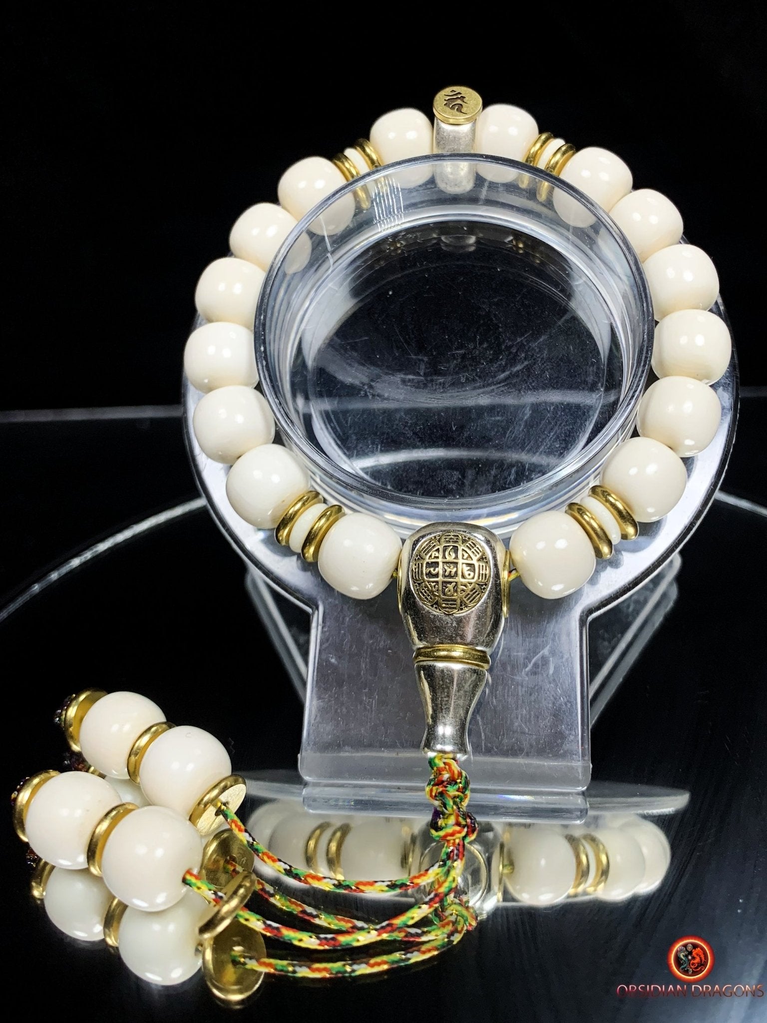 Bracelet bouddhiste en ivoire de mammouth - Syllabe Ham | obsidian dragons