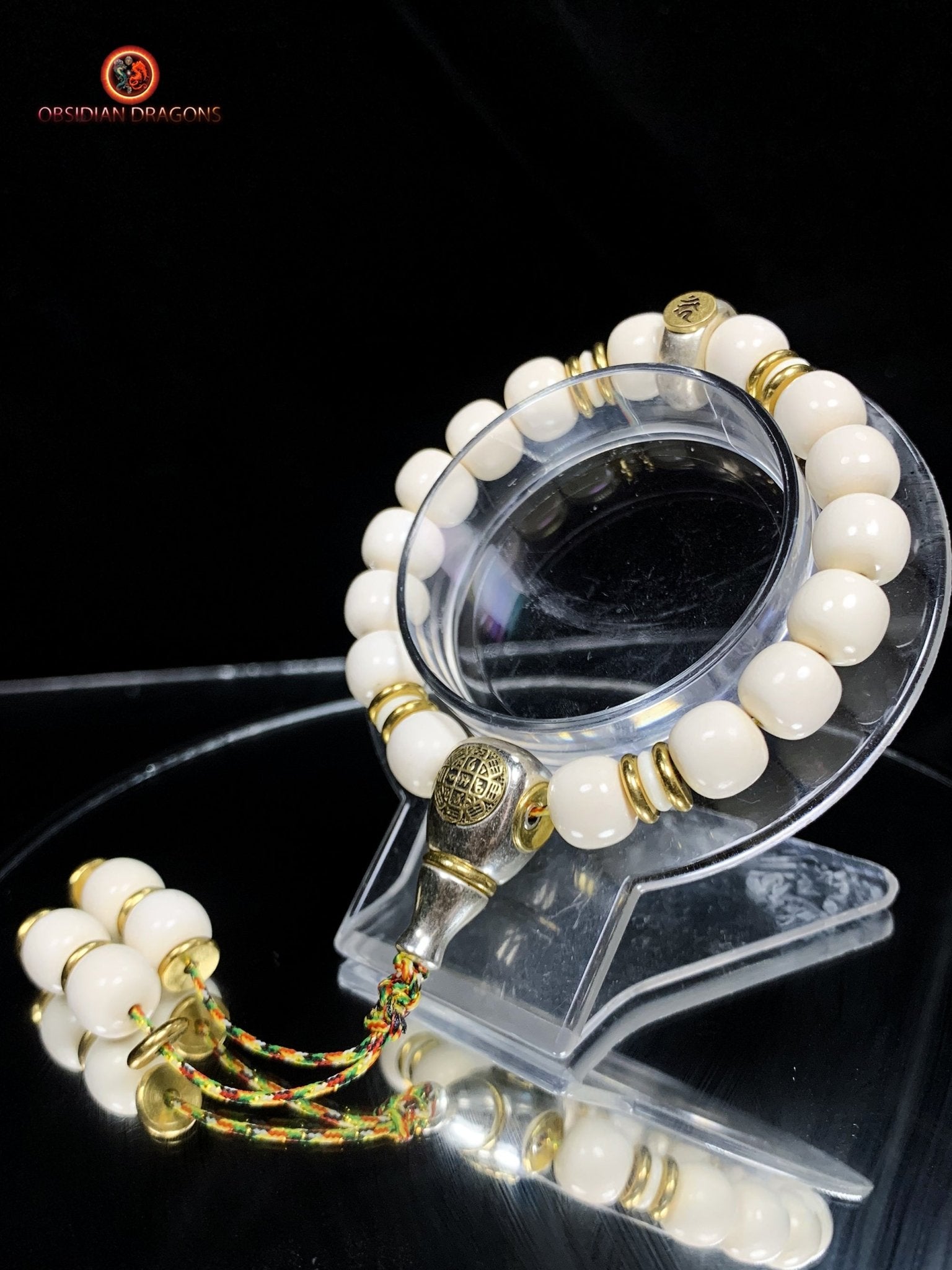 Bracelet bouddhiste en ivoire de mammouth - Syllabe Ham | obsidian dragons