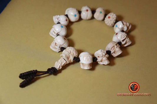 Bracelet crânes - bois de cerf et pierres - Artisanal et rare | obsidian dragons
