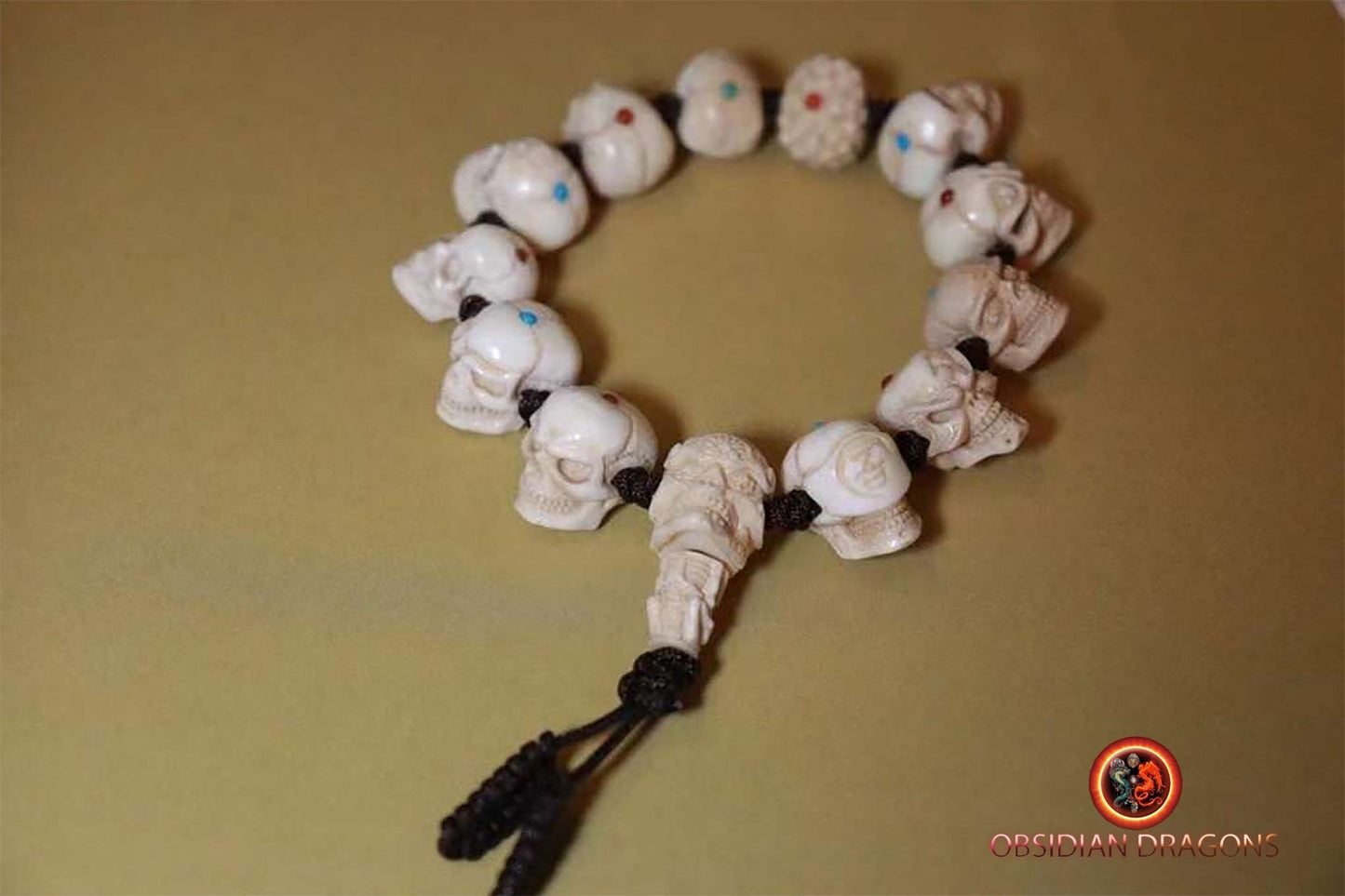 Bracelet crânes - bois de cerf et pierres - Artisanal et rare | obsidian dragons